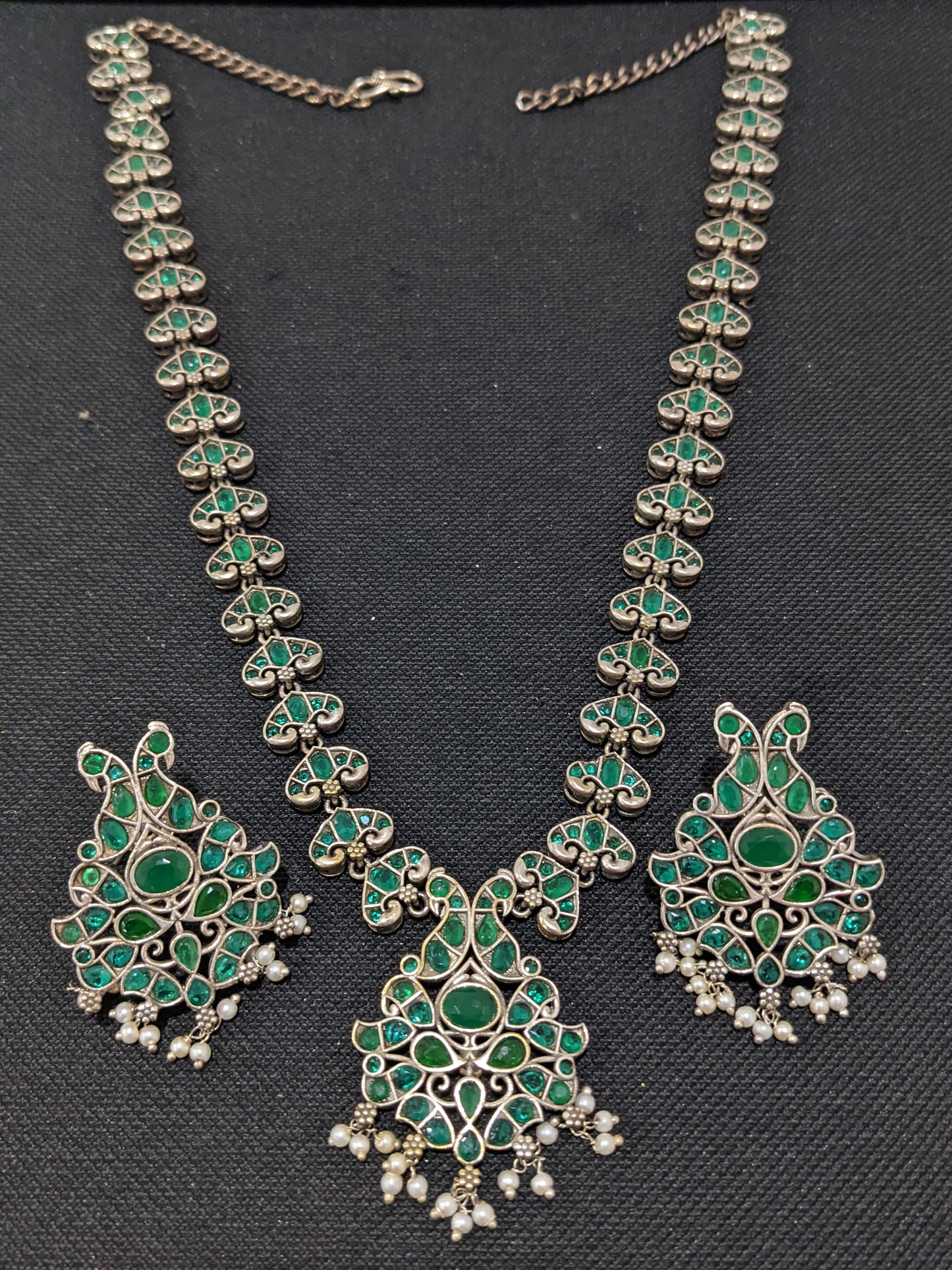 Peacock design CZ stone German Silver Long haram and earrings set