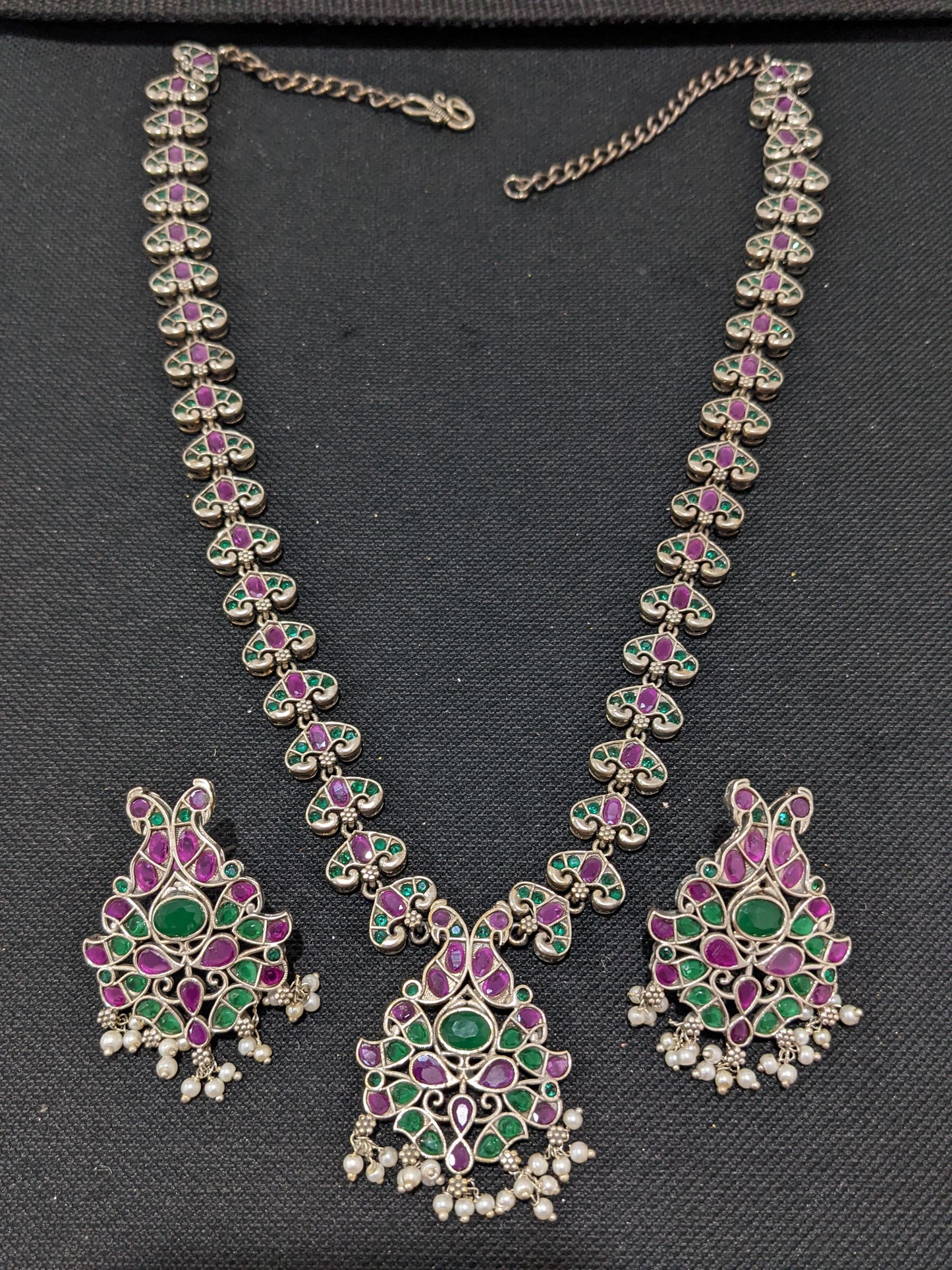 Peacock design CZ stone German Silver Long haram and earrings set