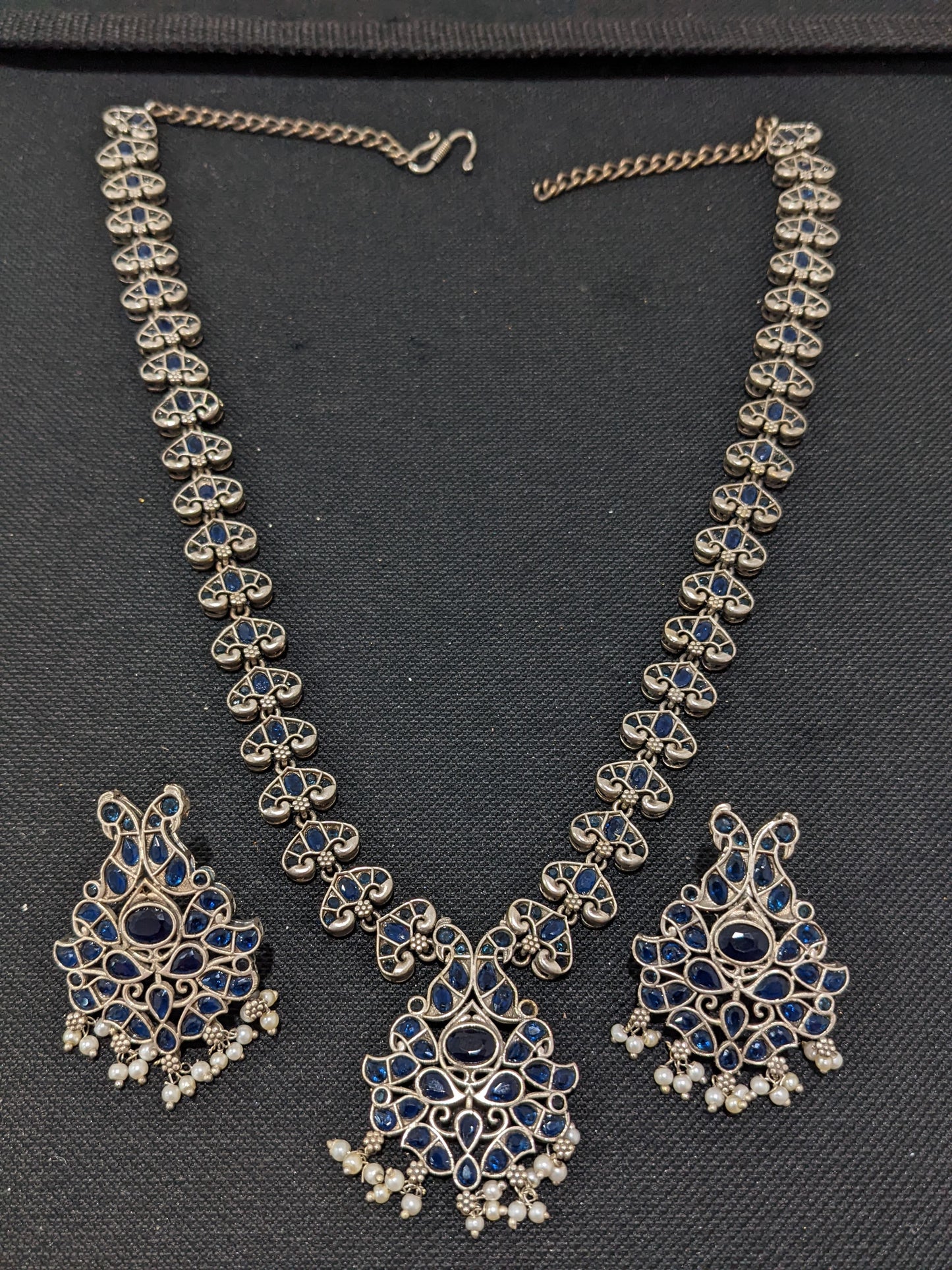 Peacock design CZ stone German Silver Long haram and earrings set