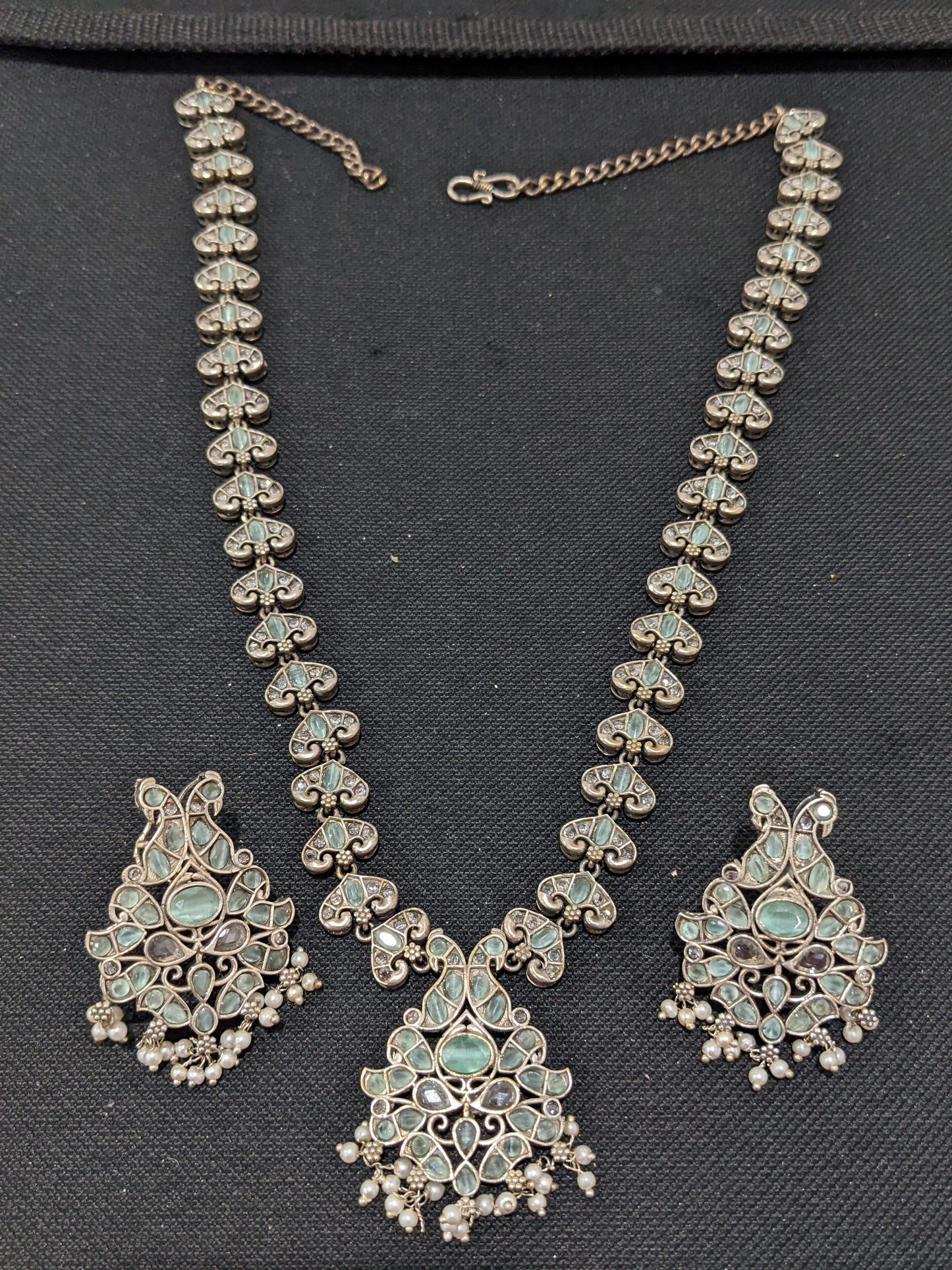 Peacock design CZ stone German Silver Long haram and earrings set