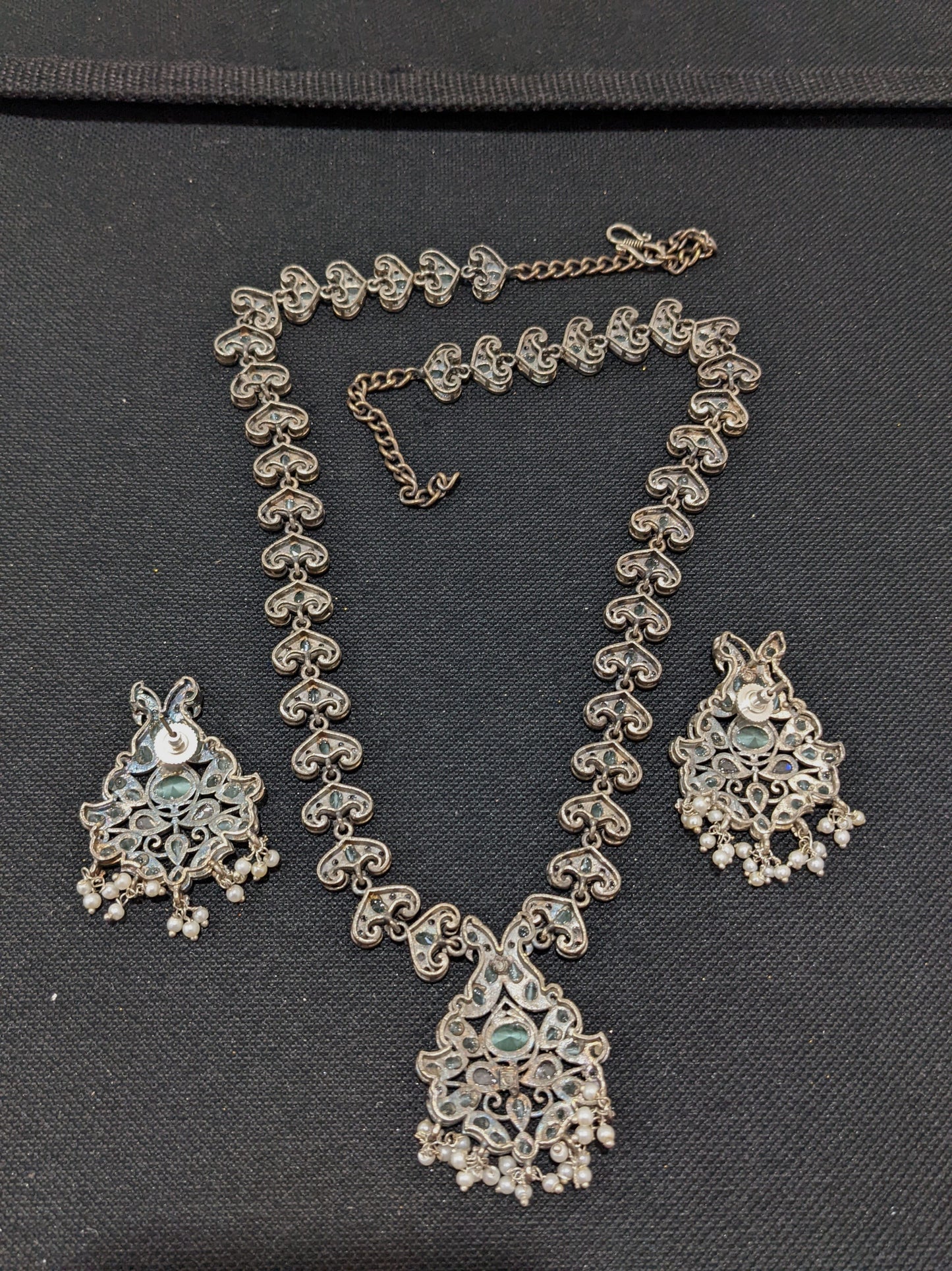 Peacock design CZ stone German Silver Long haram and earrings set