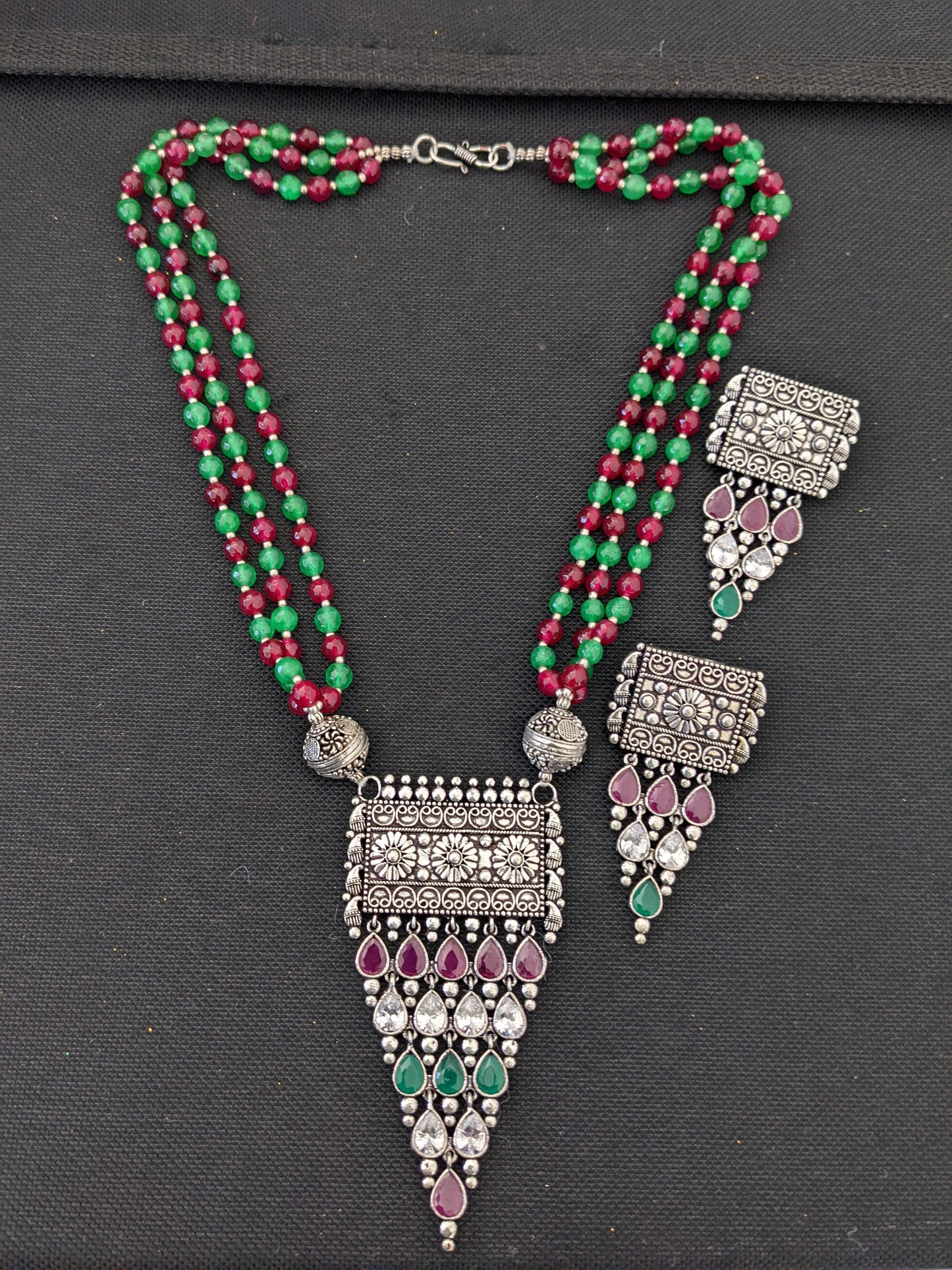Beaded Necklace Oxidized Silver Pendant and Earrings set