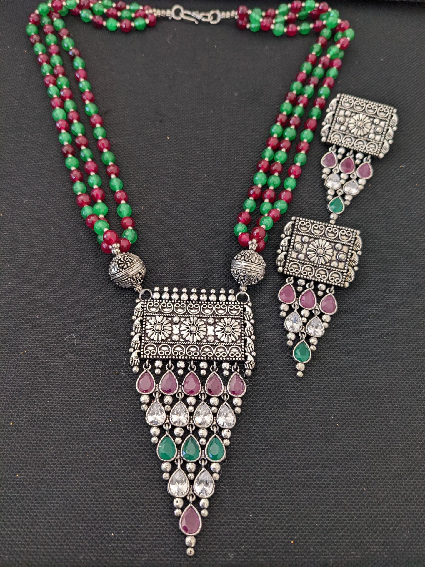 Beaded Necklace Oxidized Silver Pendant and Earrings set