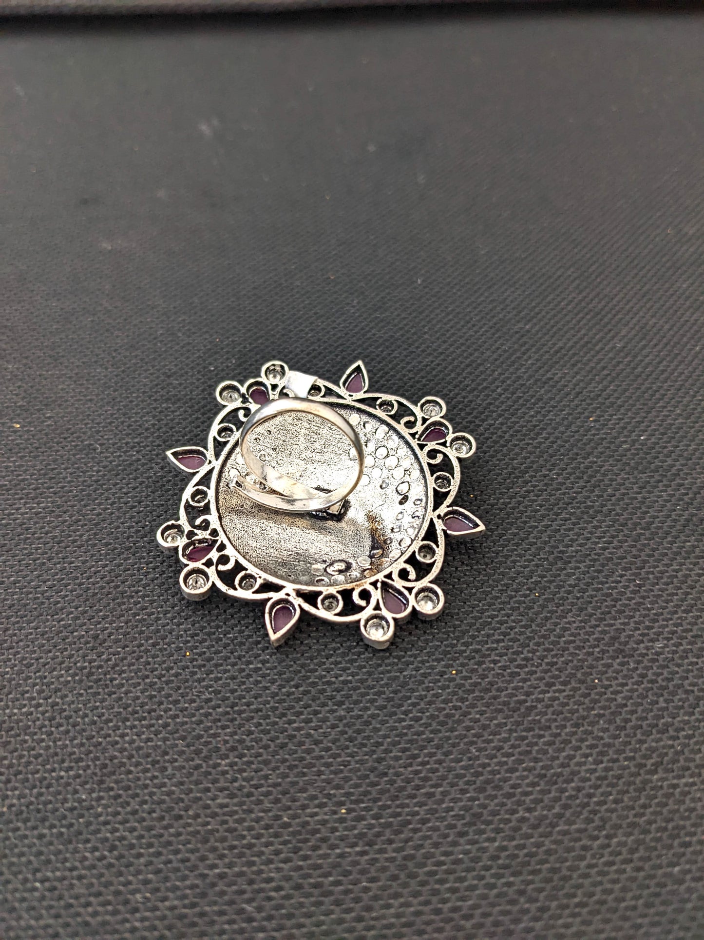 Oxidized silver CZ stone large Adjustable Finger ring - Simpliful