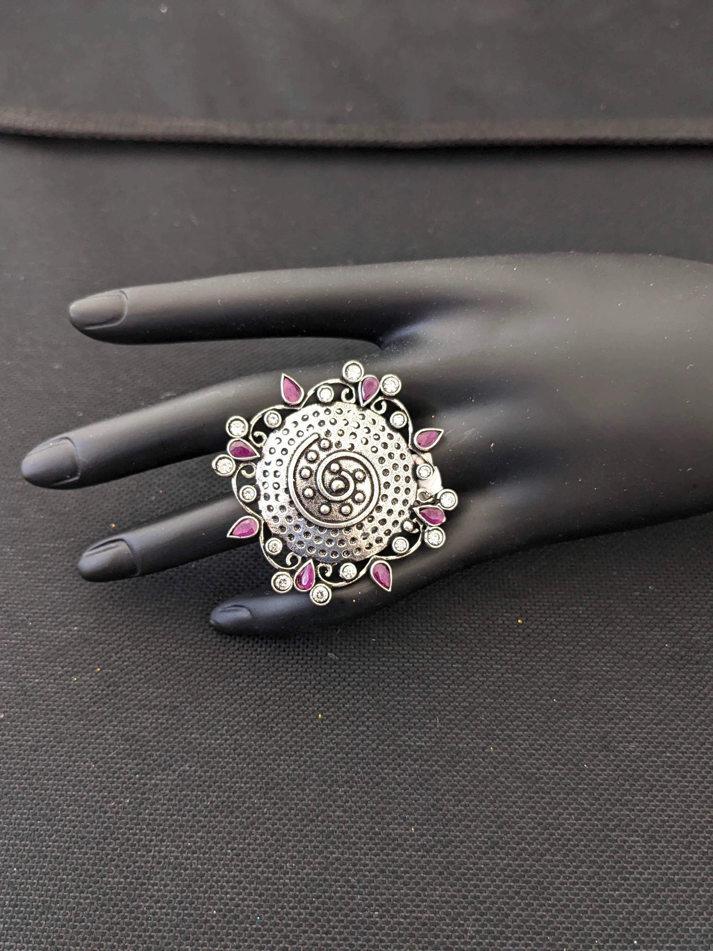 Oxidized silver CZ stone large Adjustable Finger ring - Simpliful
