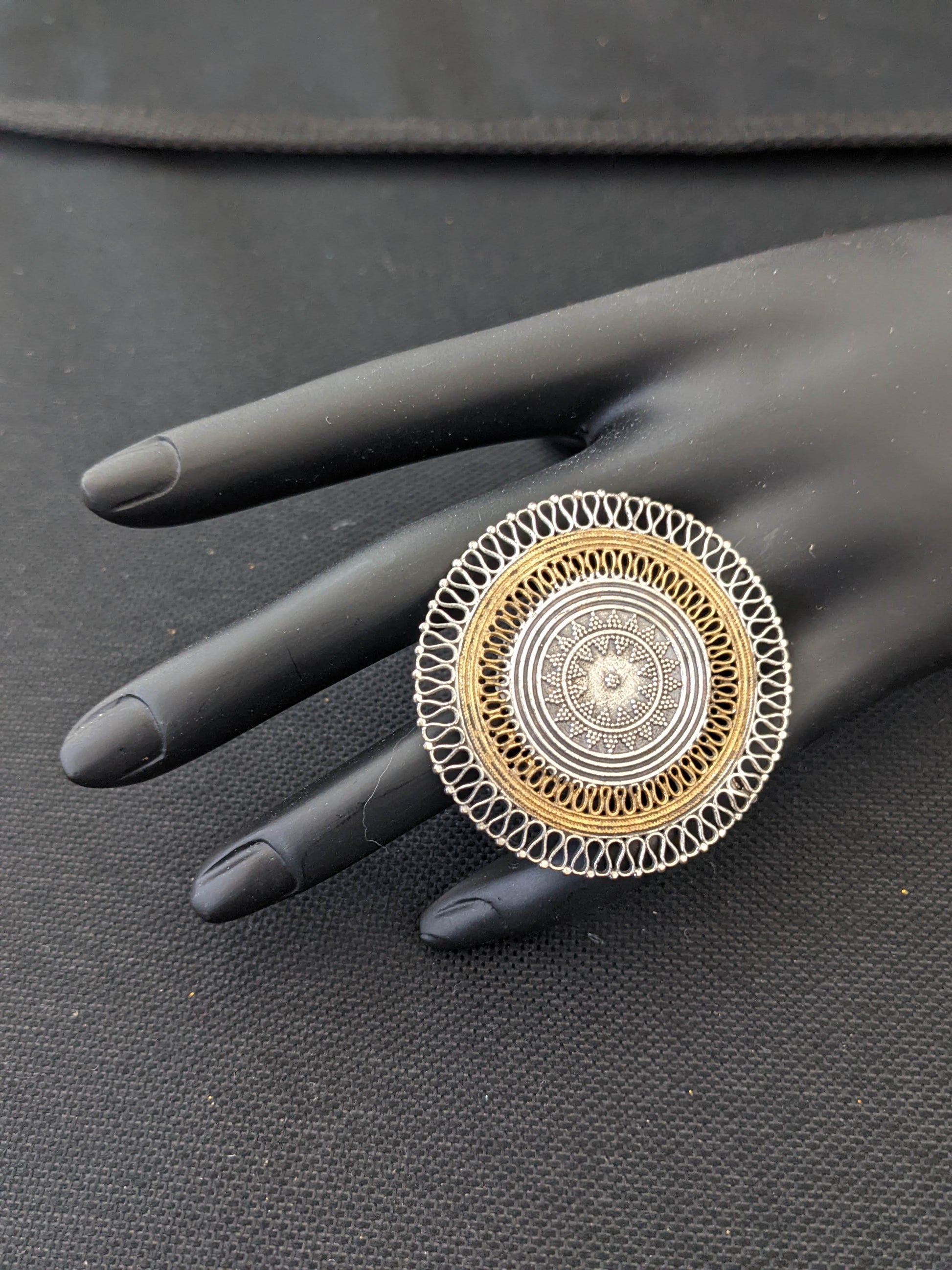Dual tone XL size filigree design german silver adjustable finger ring - Simpliful