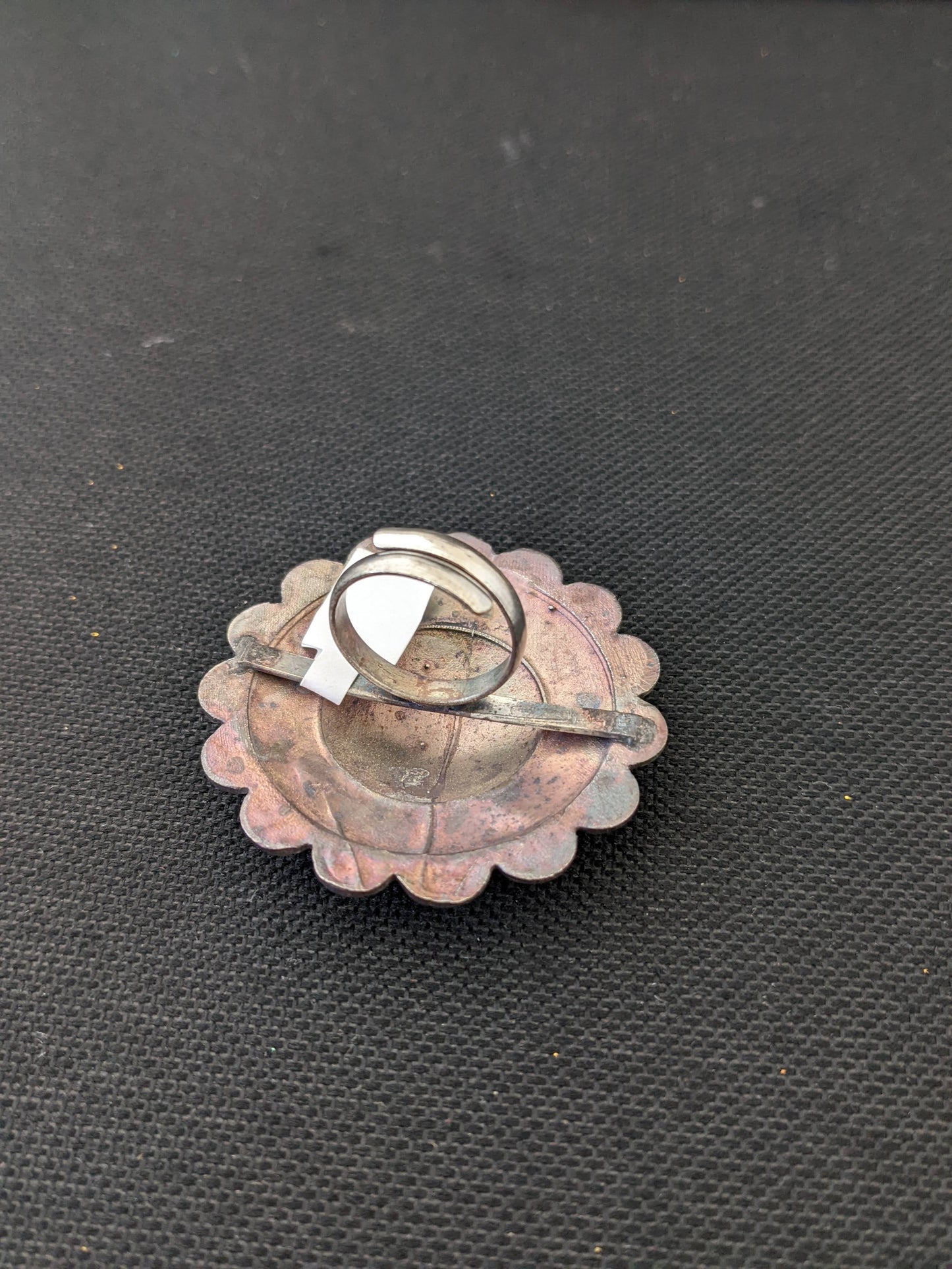 Dual tone XL size flower design german silver adjustable finger ring