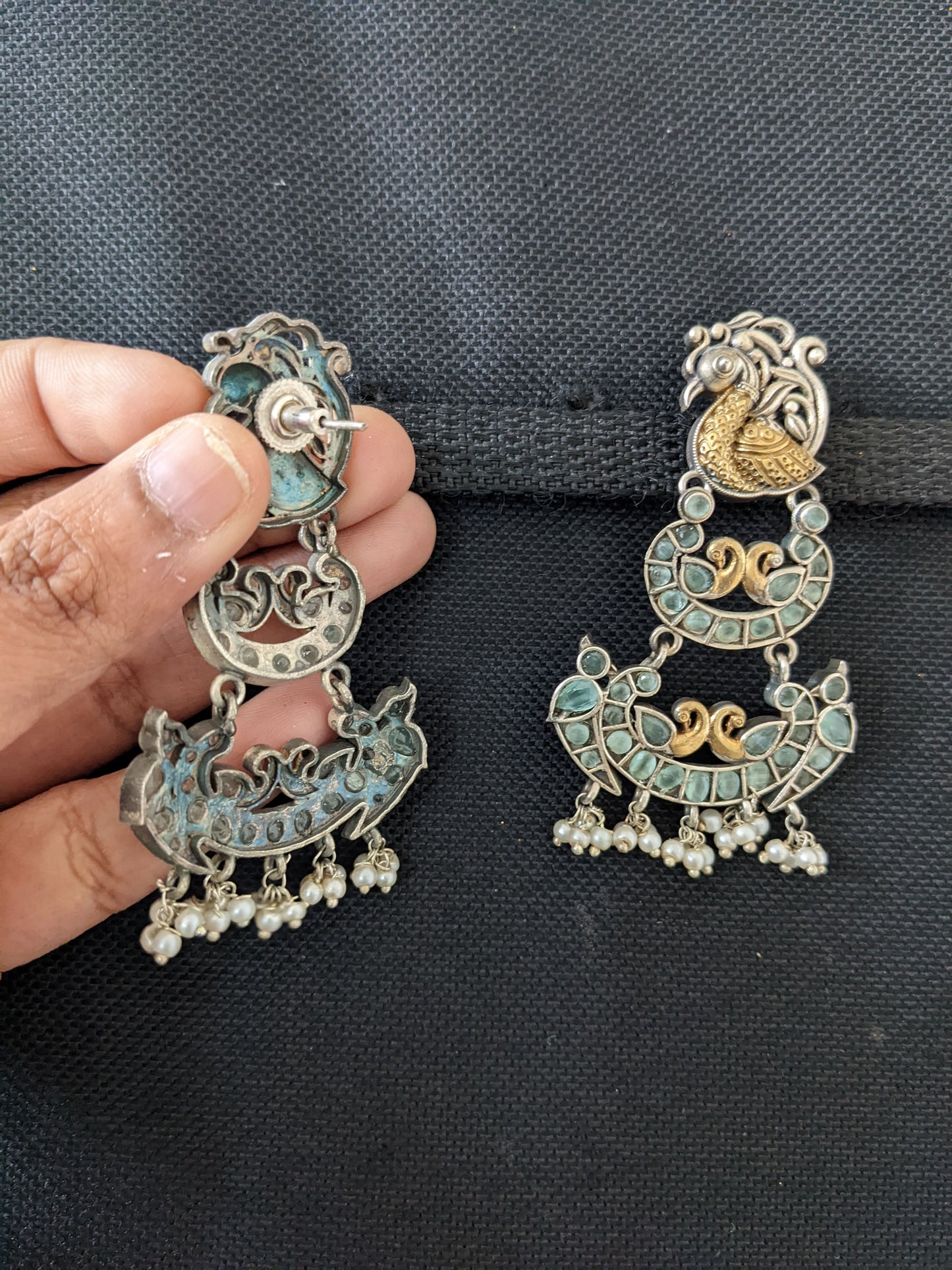 German Silver Dual tone Multiple Peacock Earrings