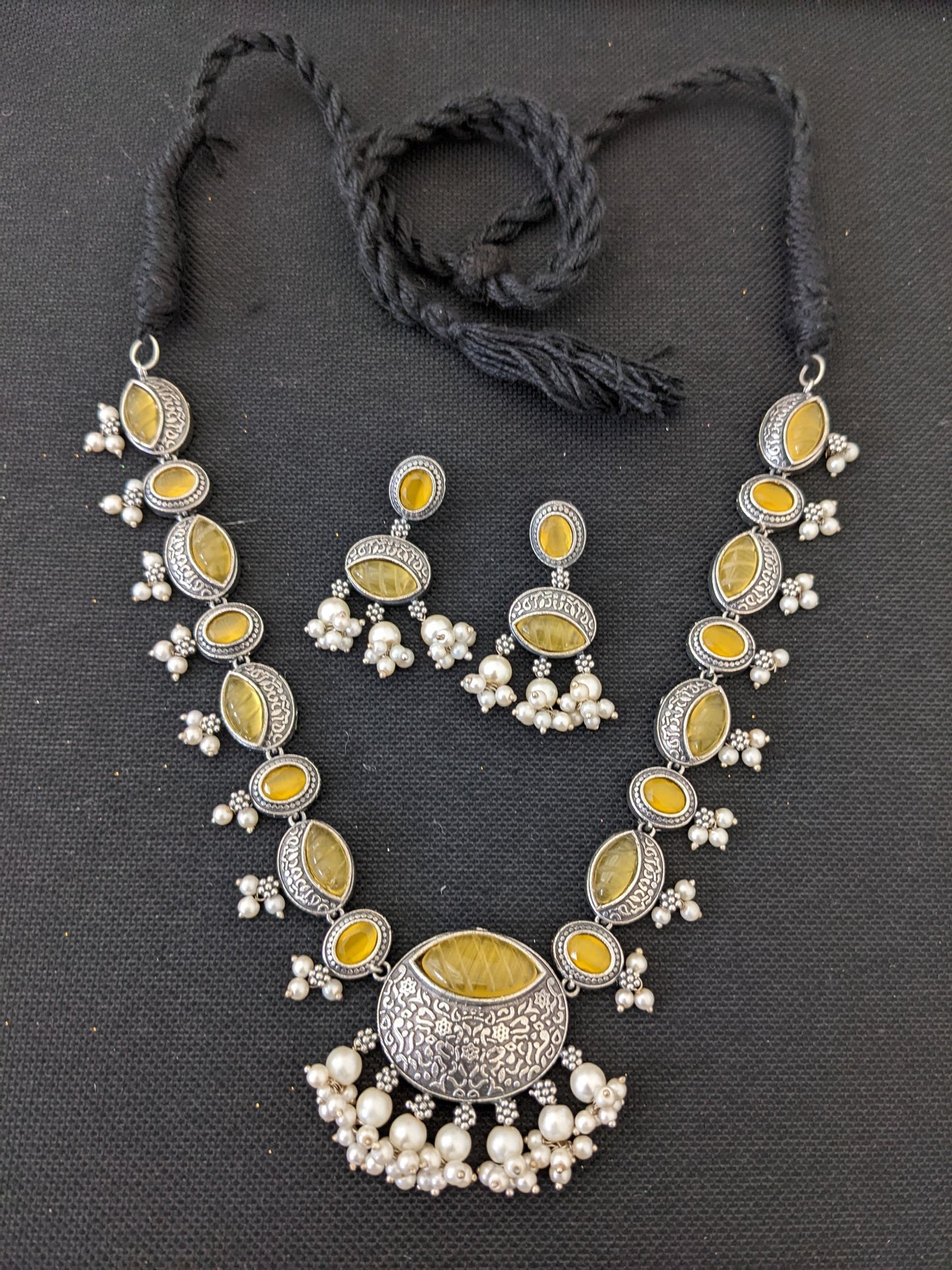 Oxidized Silver Adigai style Carved Resin stone Choker set