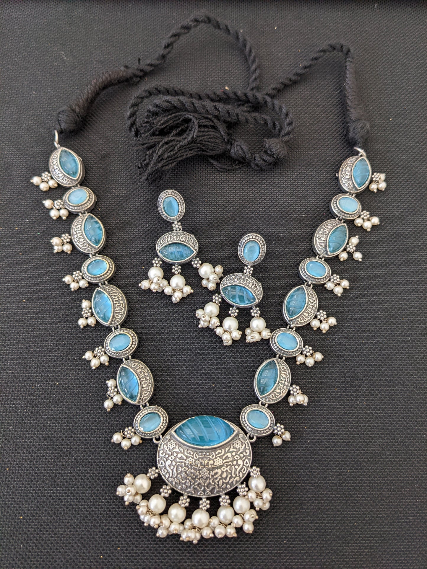 Oxidized Silver Adigai style Carved Resin stone Choker set