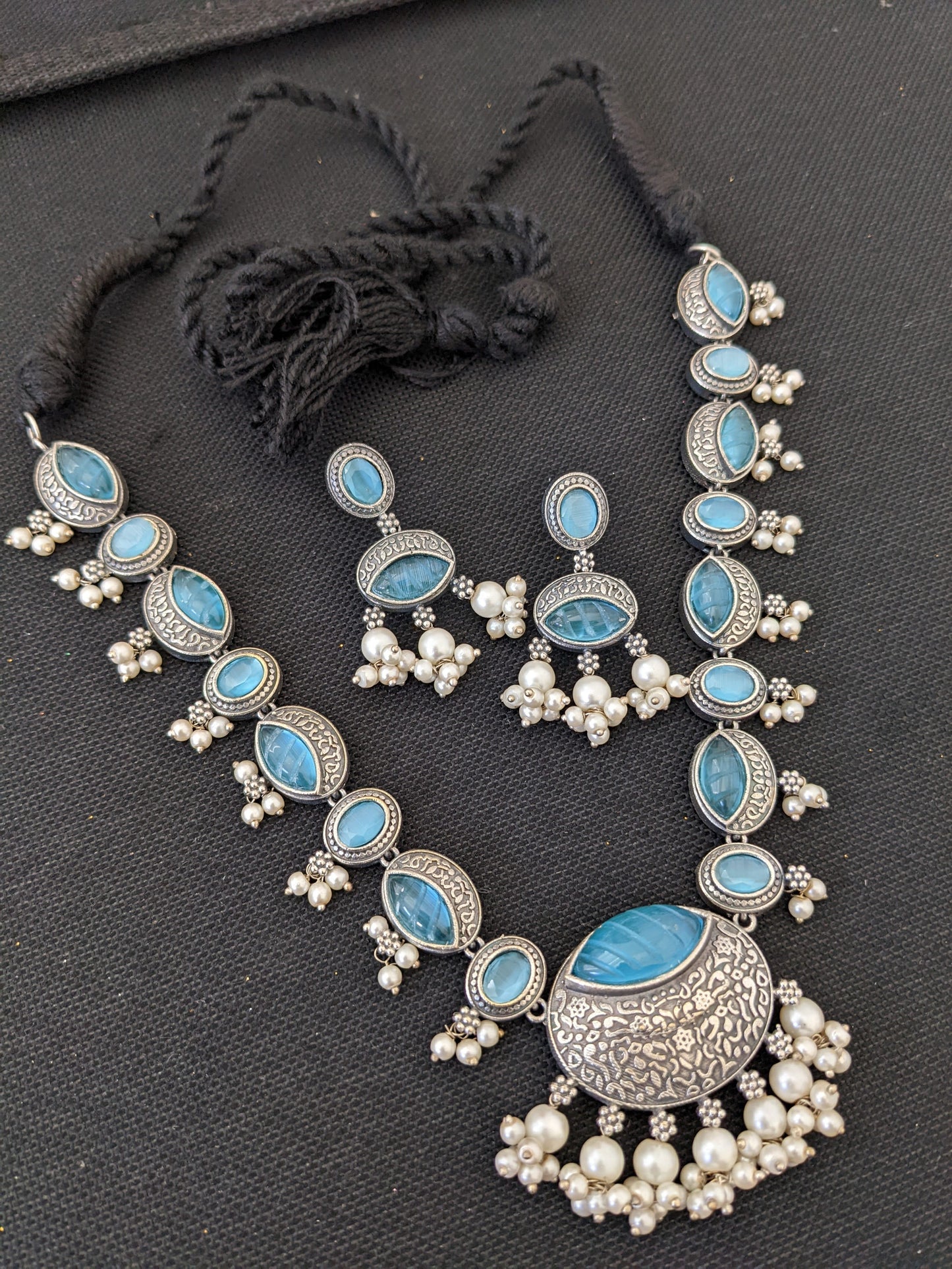 Oxidized Silver Adigai style Carved Resin stone Choker set