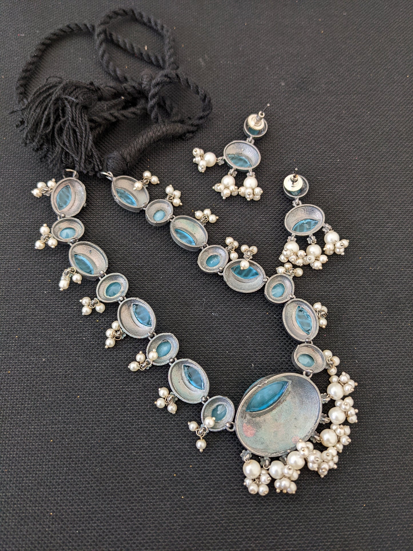Oxidized Silver Adigai style Carved Resin stone Choker set