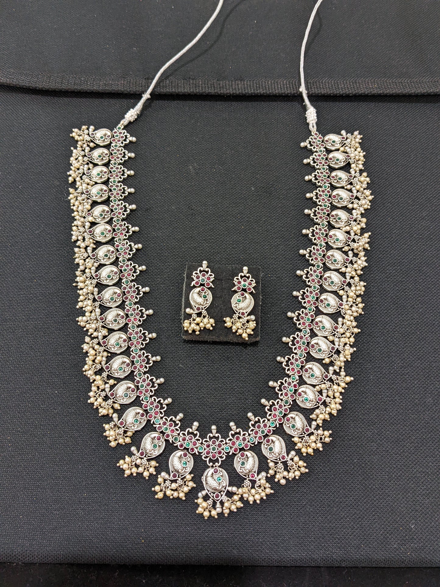 Guttapusalu style Rhodium silver long haram Necklace and stud earrings set - Simpliful