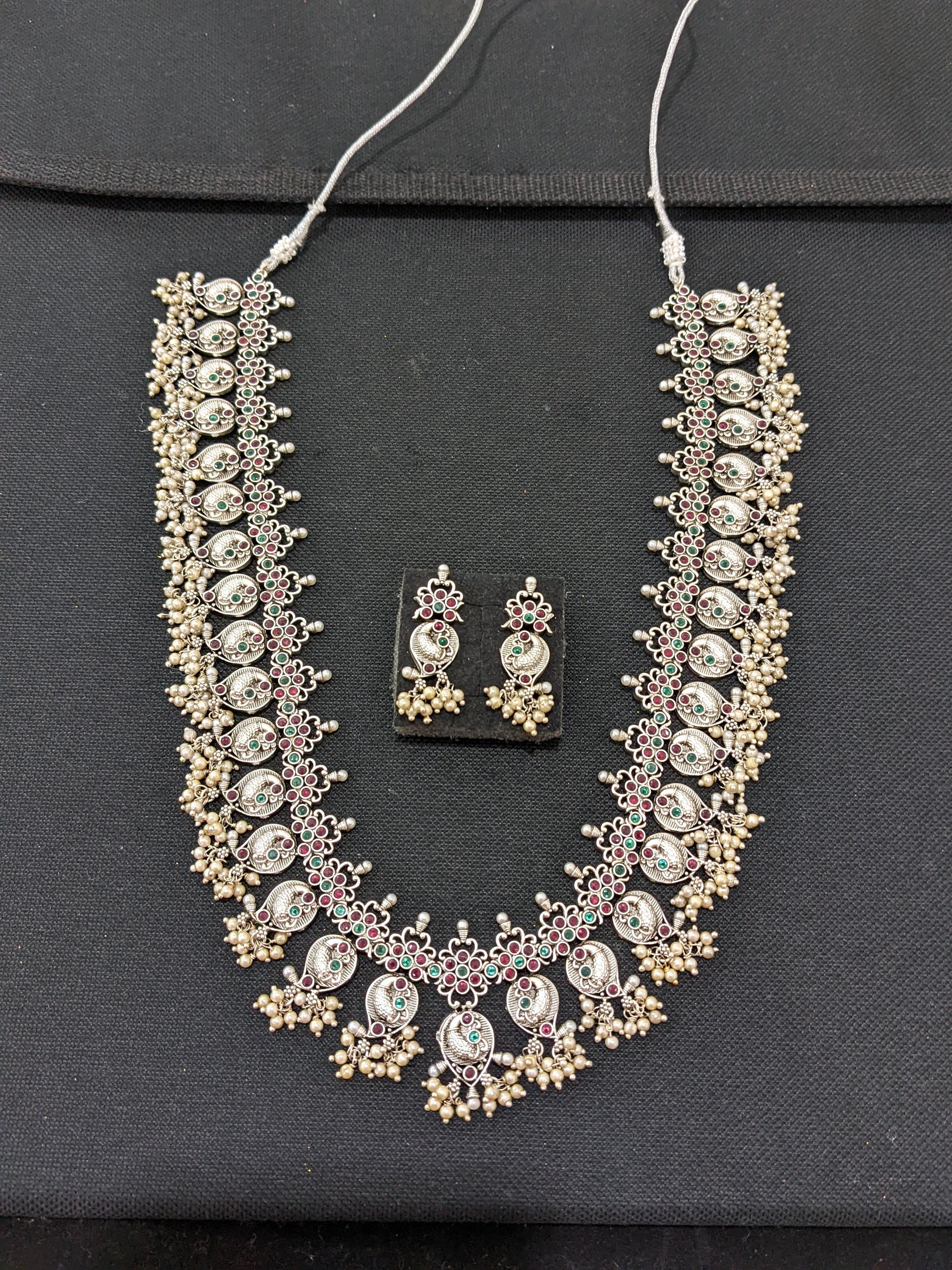 Guttapusalu style Rhodium silver long haram Necklace and stud earrings set - Simpliful