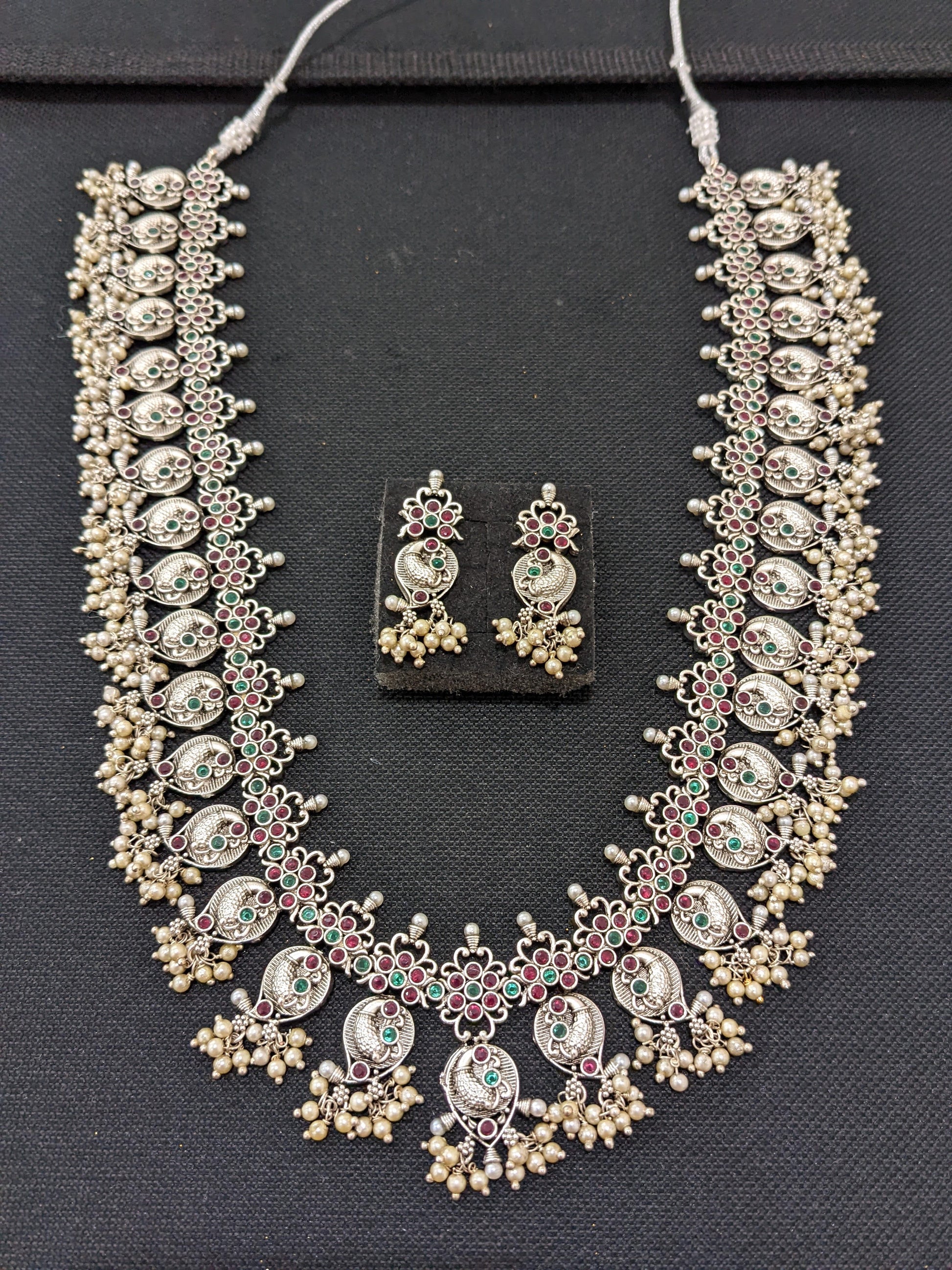 Guttapusalu style Rhodium silver long haram Necklace and stud earrings set - Simpliful