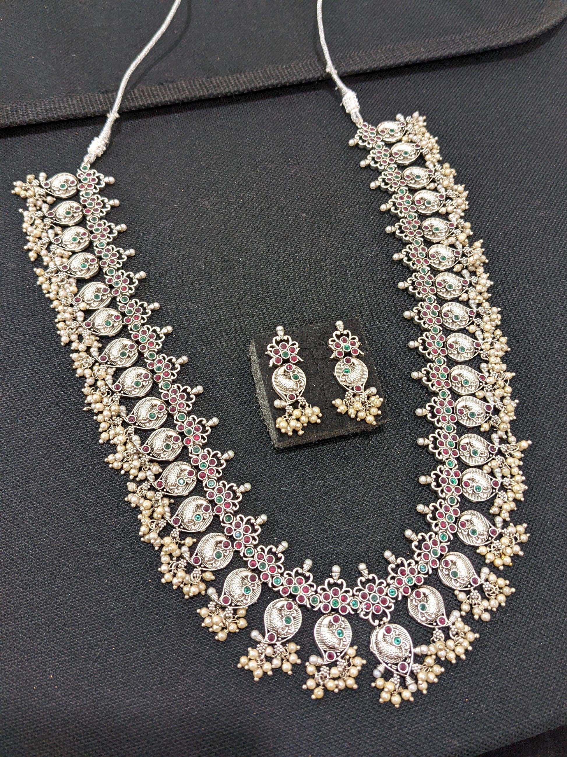 Guttapusalu style Rhodium silver long haram Necklace and stud earrings set - Simpliful