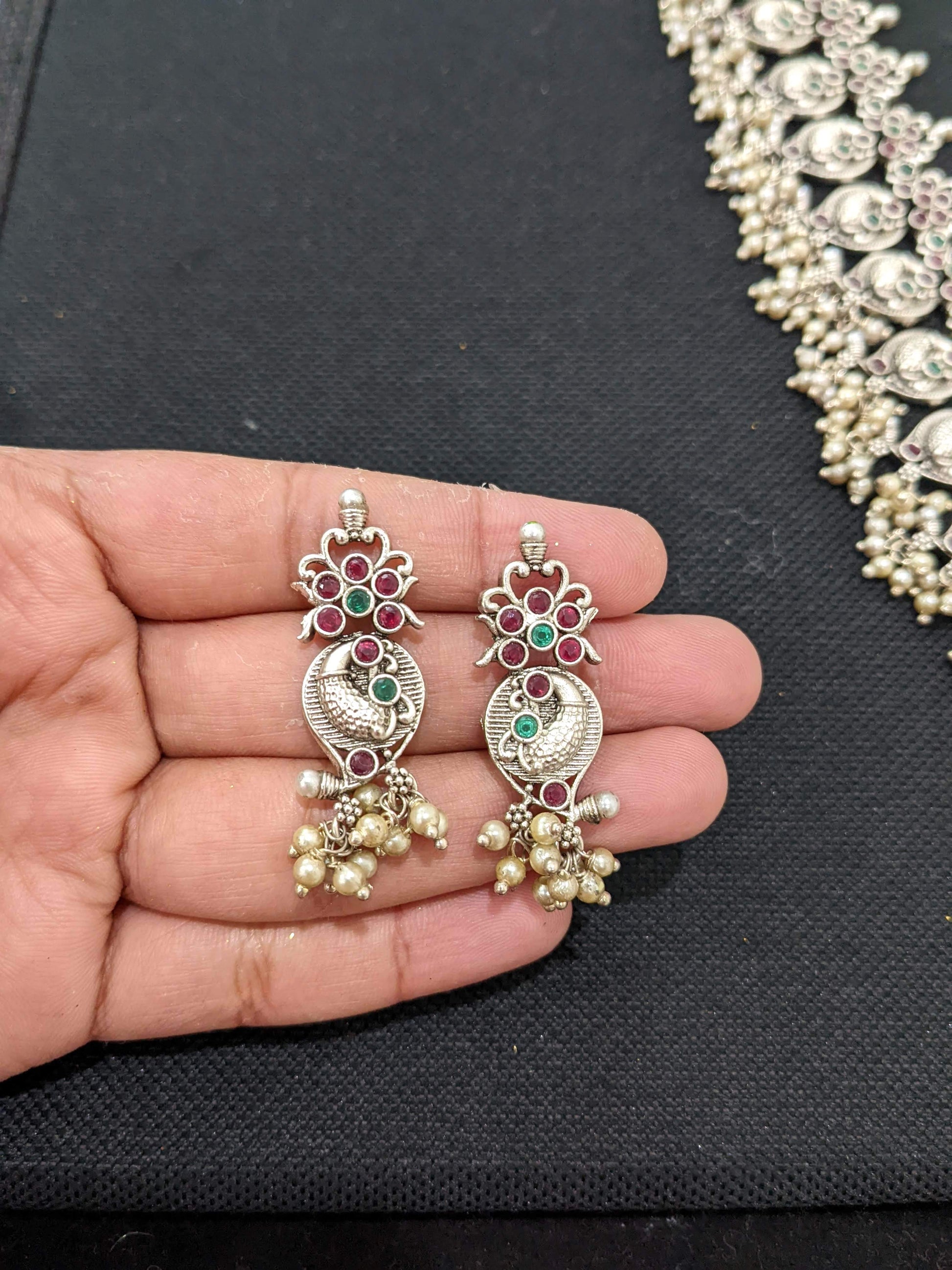 Guttapusalu style Rhodium silver long haram Necklace and stud earrings set - Simpliful