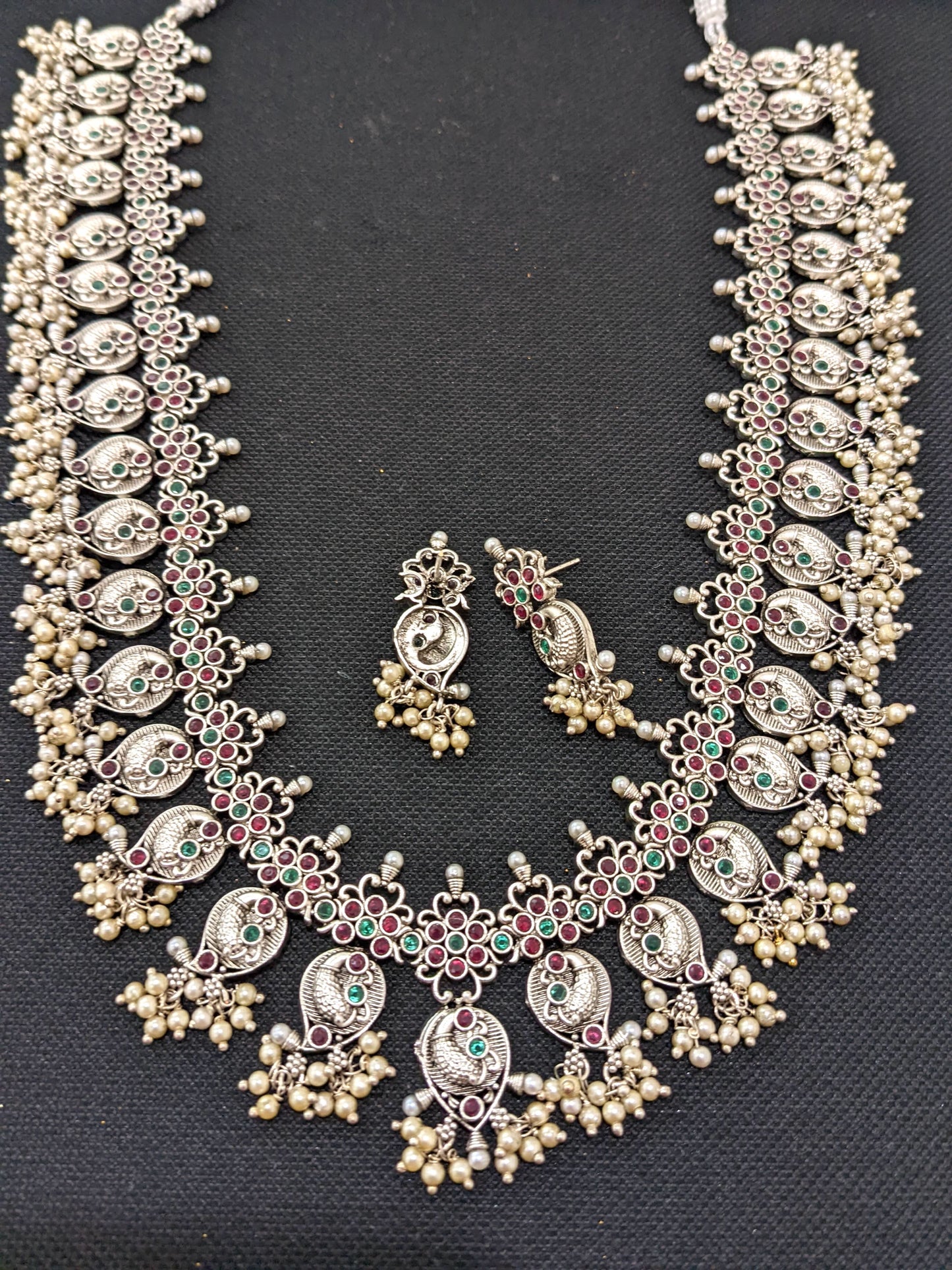 Guttapusalu style Rhodium silver long haram Necklace and stud earrings set - Simpliful