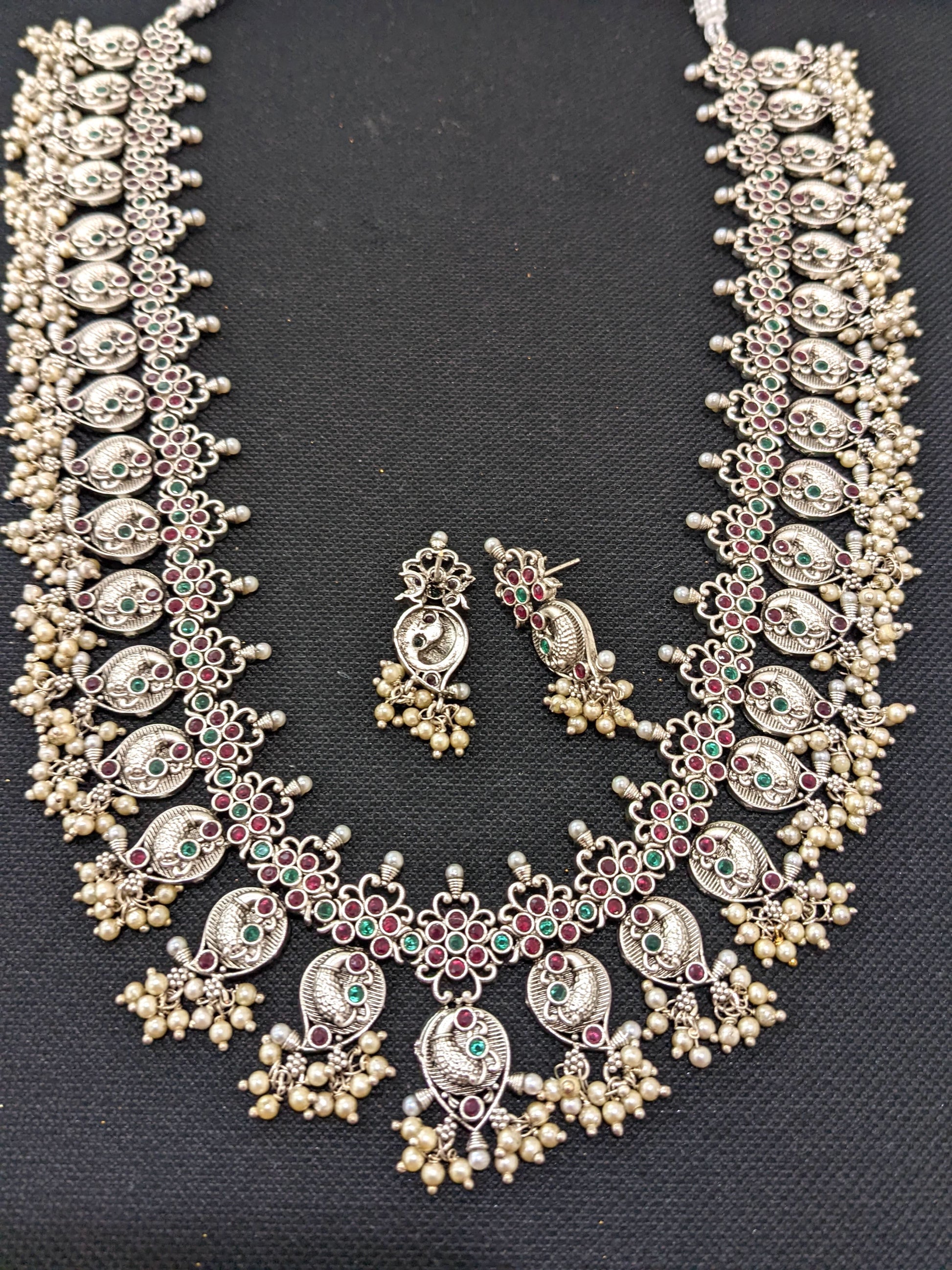 Guttapusalu style Rhodium silver long haram Necklace and stud earrings set - Simpliful