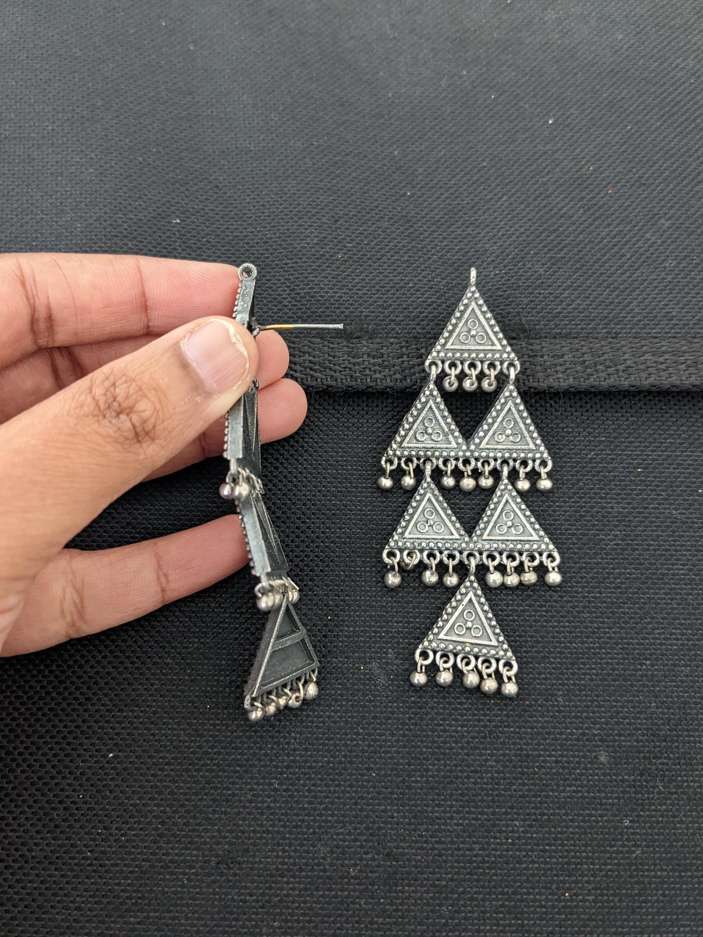 Unique Triangle design Oxidized Silver Long earrings