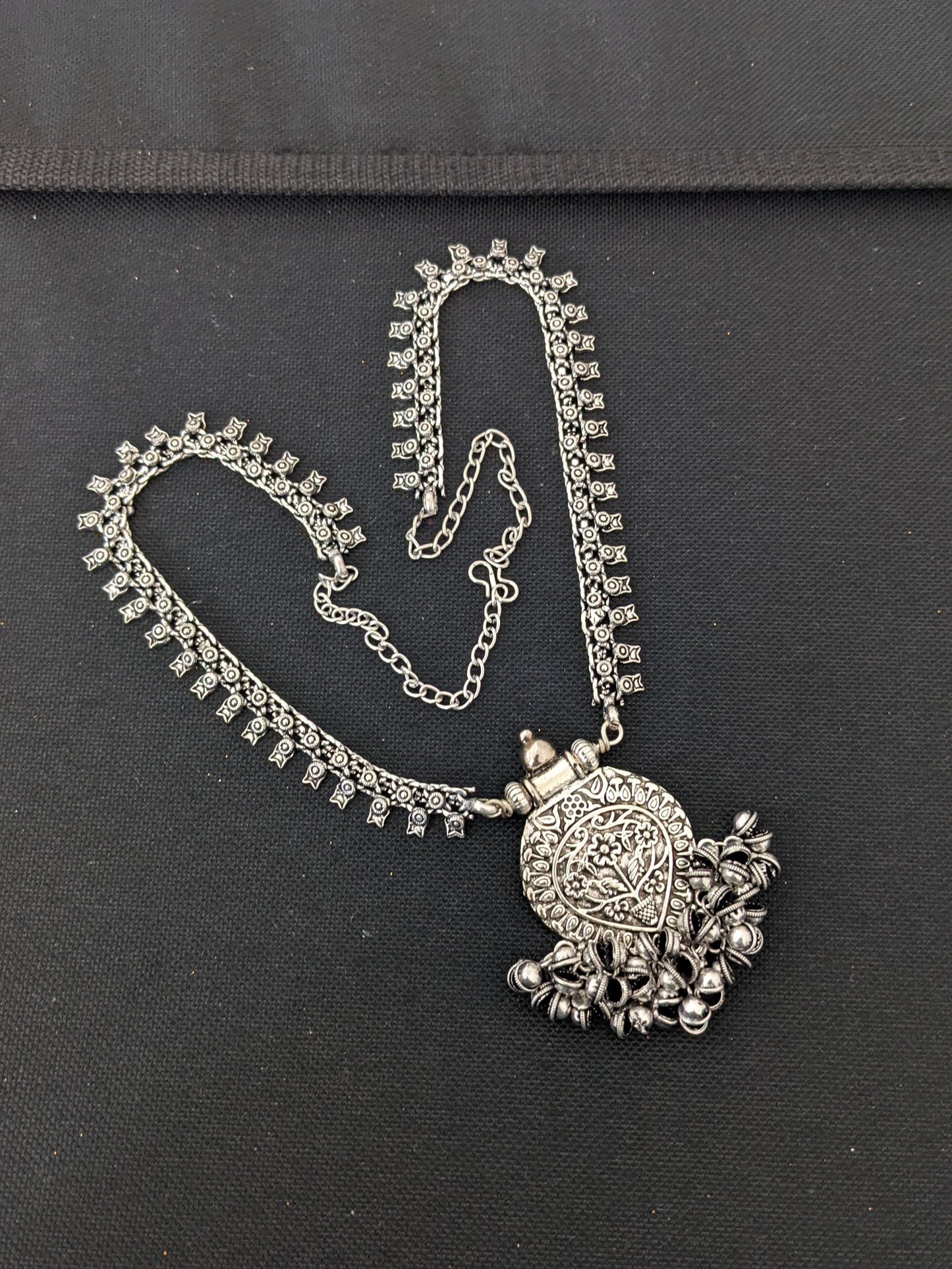Ghunghru bead dangle Oxidized silver pendant Chain Necklace