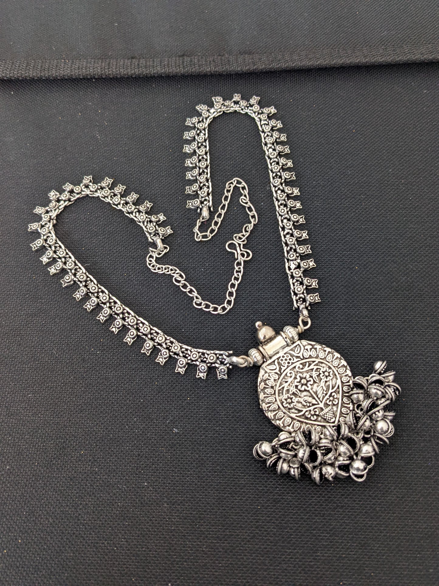 Ghunghru bead dangle Oxidized silver pendant Chain Necklace