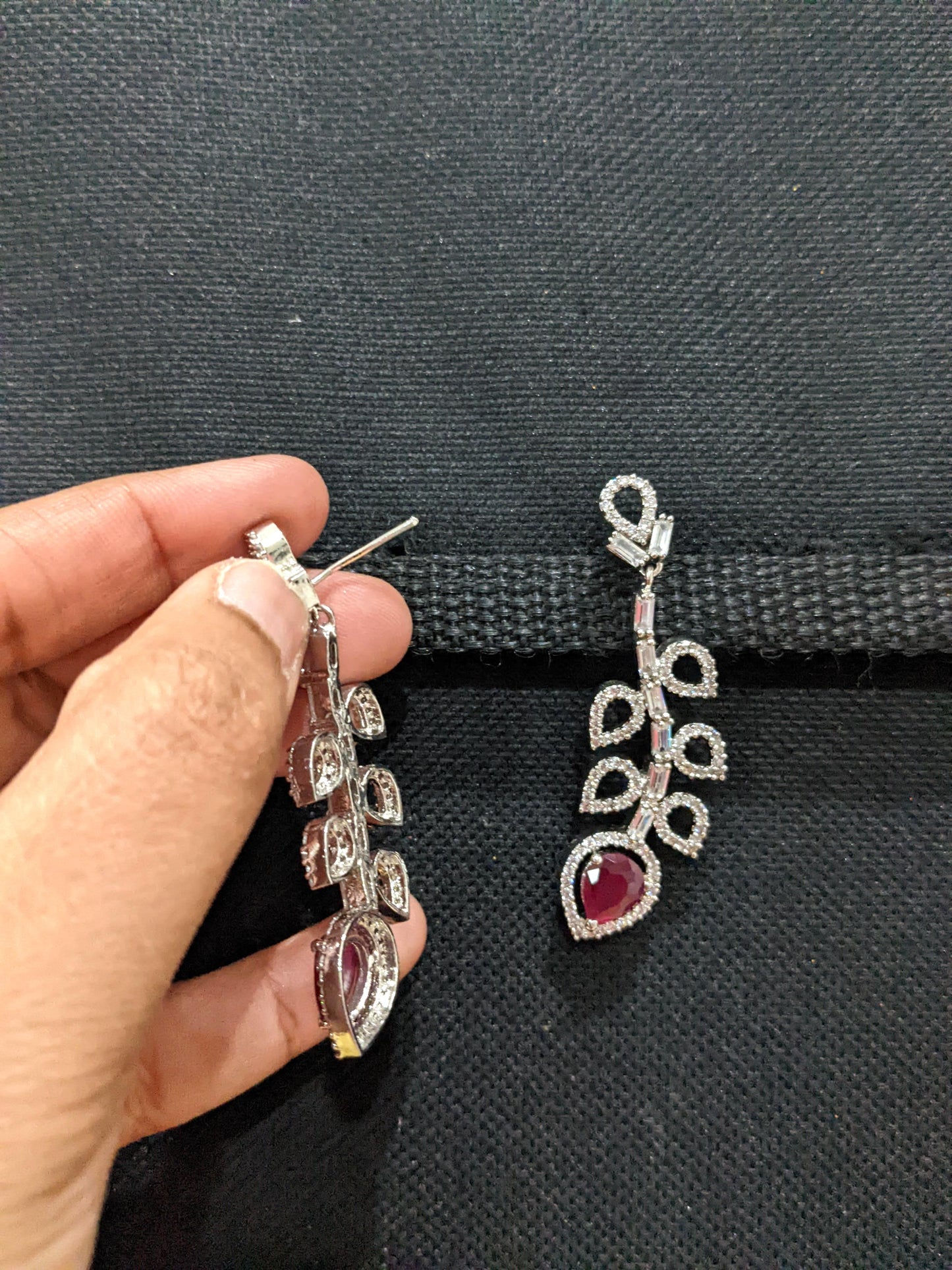 Leaf design Ruby White CZ Earrings