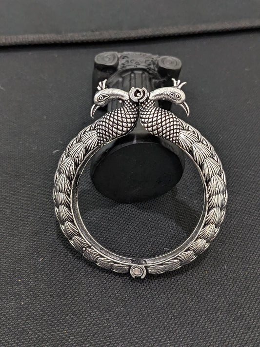 Dual peacock design Oxidized Silver kada bracelet