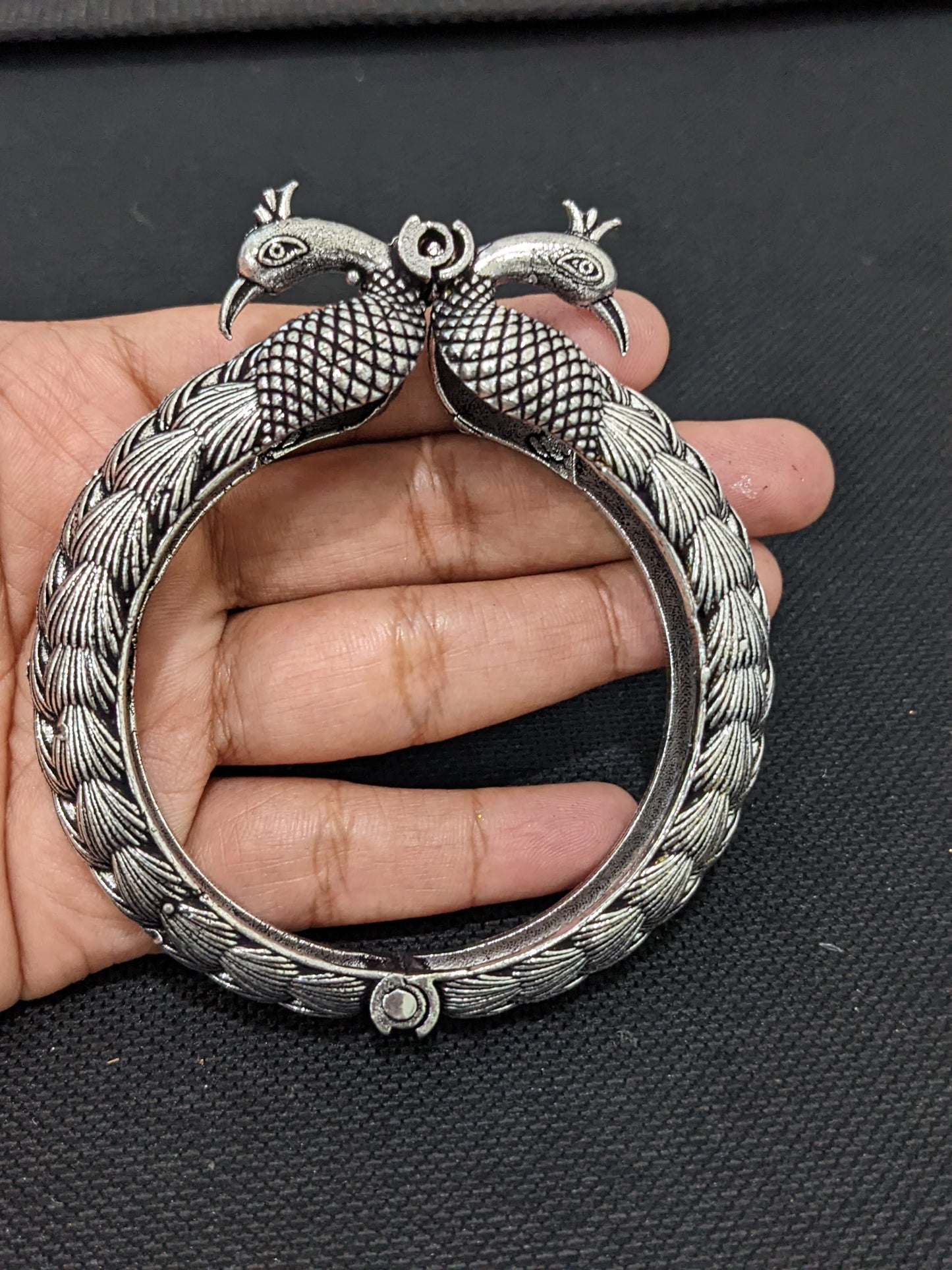Dual peacock design Oxidized Silver kada bracelet