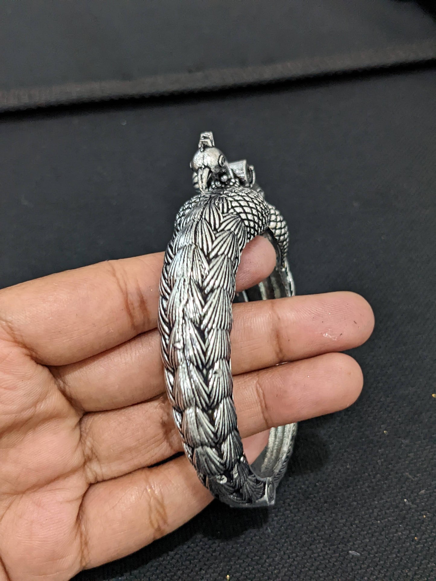 Dual peacock design Oxidized Silver kada bracelet