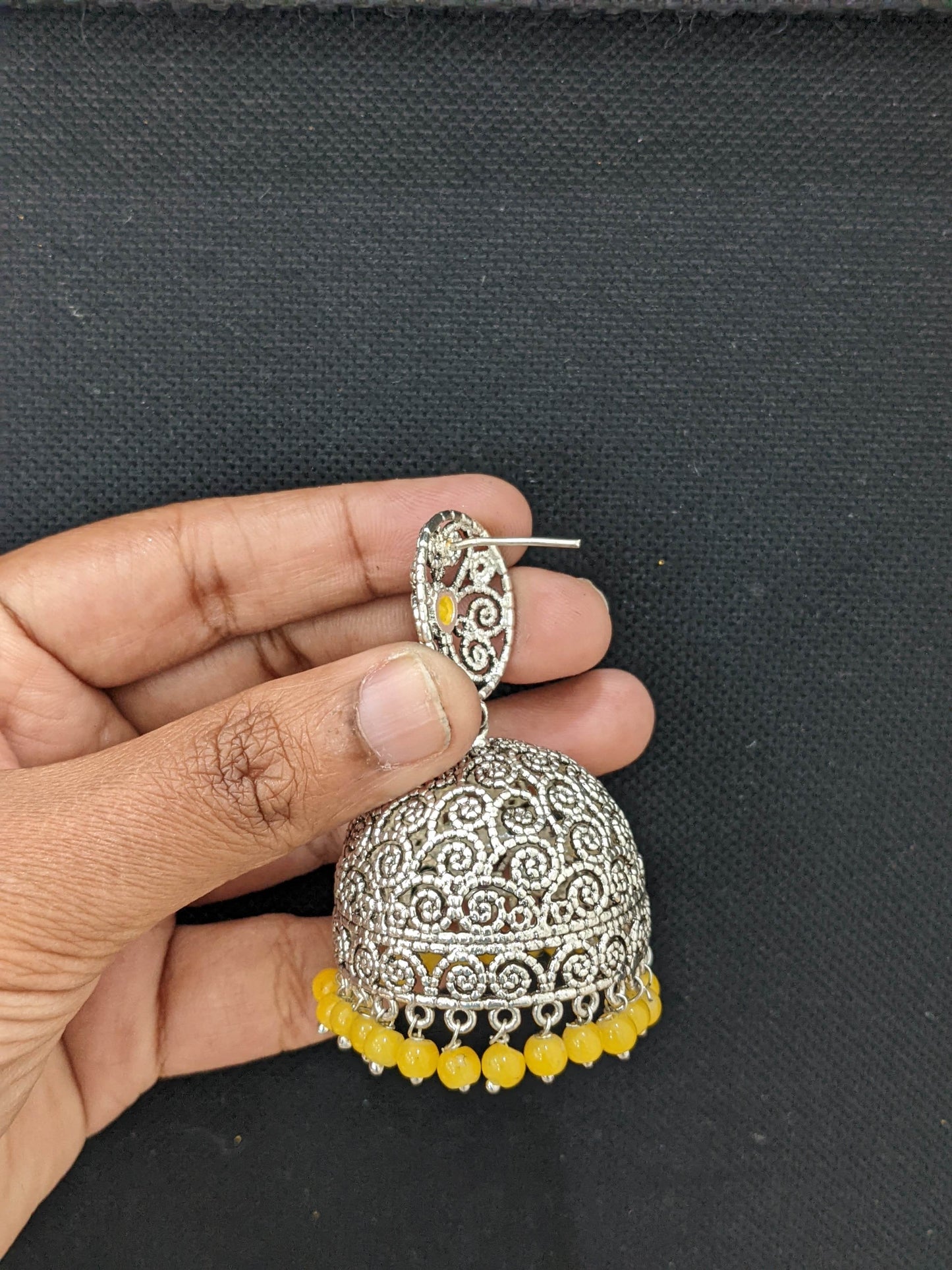 XXL size filigree rhodium silver jhumka earrings