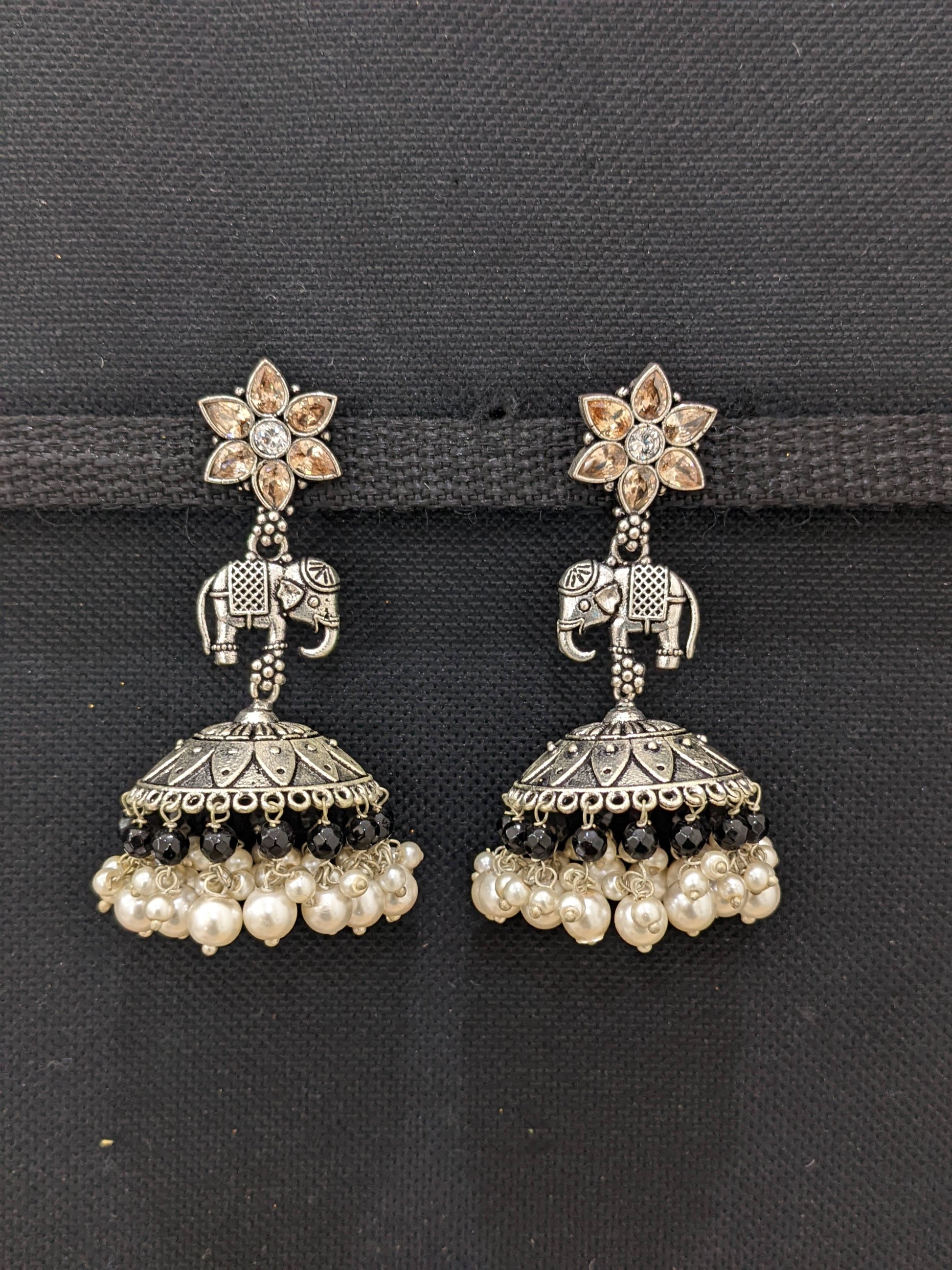 Oxidized Flower stud with Elephant connector Large Jhumka Earring - Simpliful