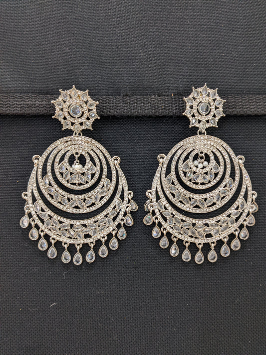 XXL size Bright silver plated CZ Chandbali Earrings