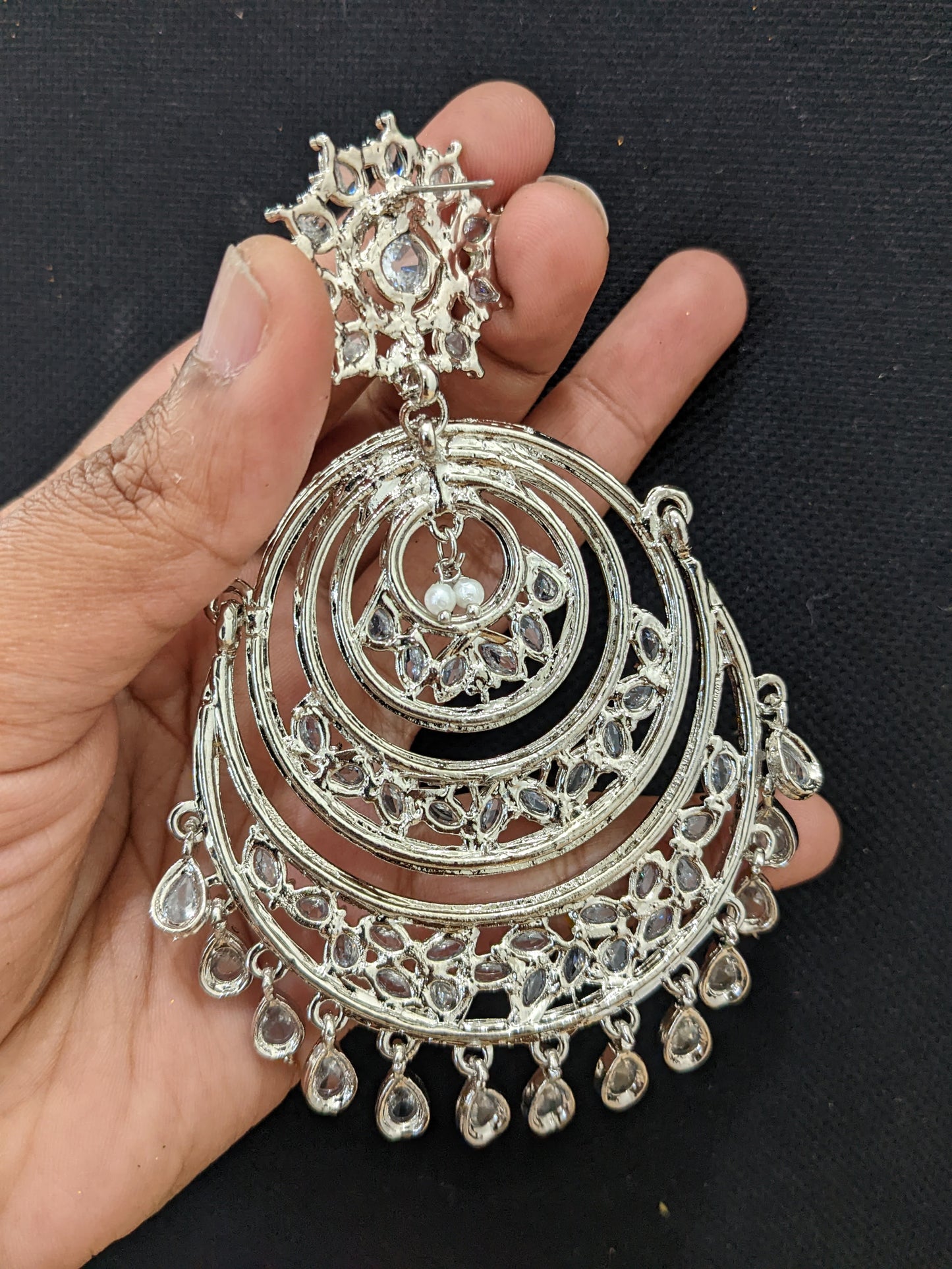 XXL size Bright silver plated CZ Chandbali Earrings