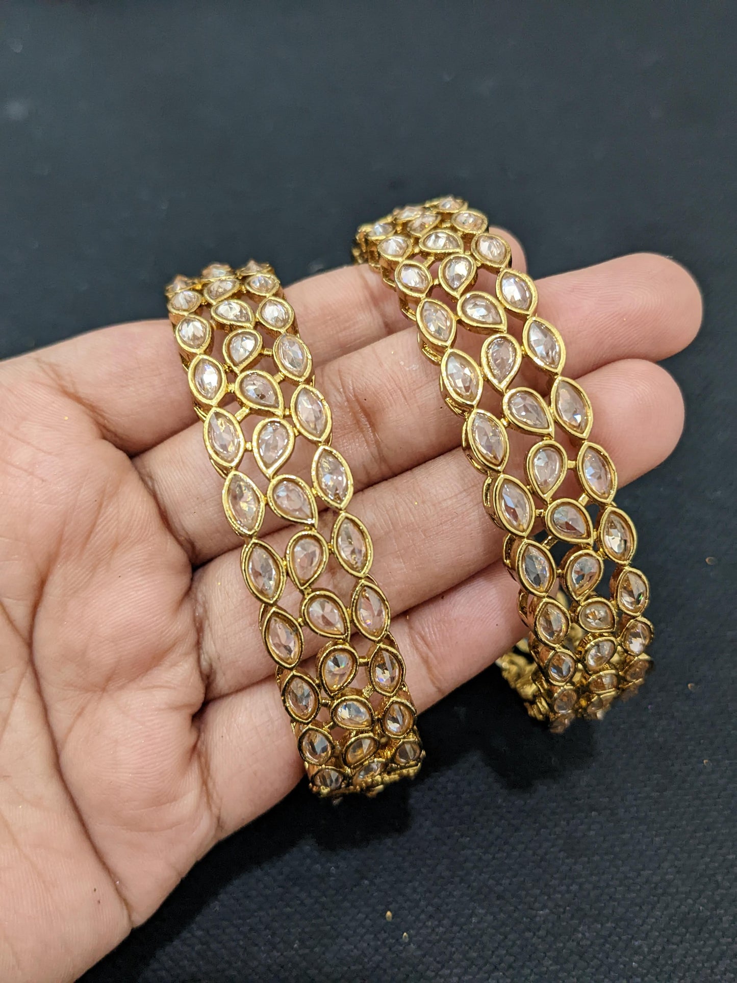 Triple line Mehandi polish Polki stone Bangles - 2x4 size