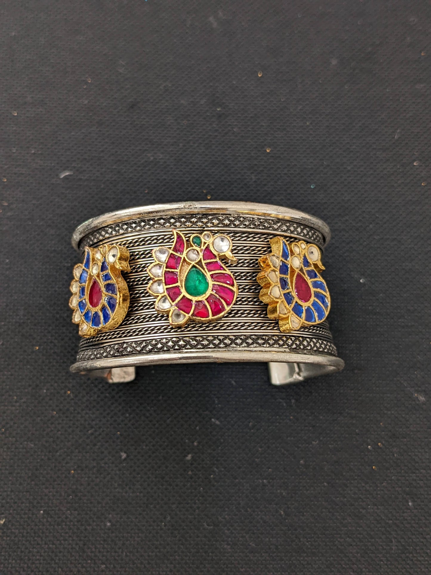 Jadau kundan oxidized silver cuff kada