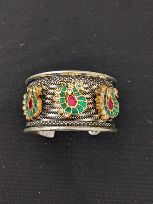 Jadau kundan oxidized silver cuff kada