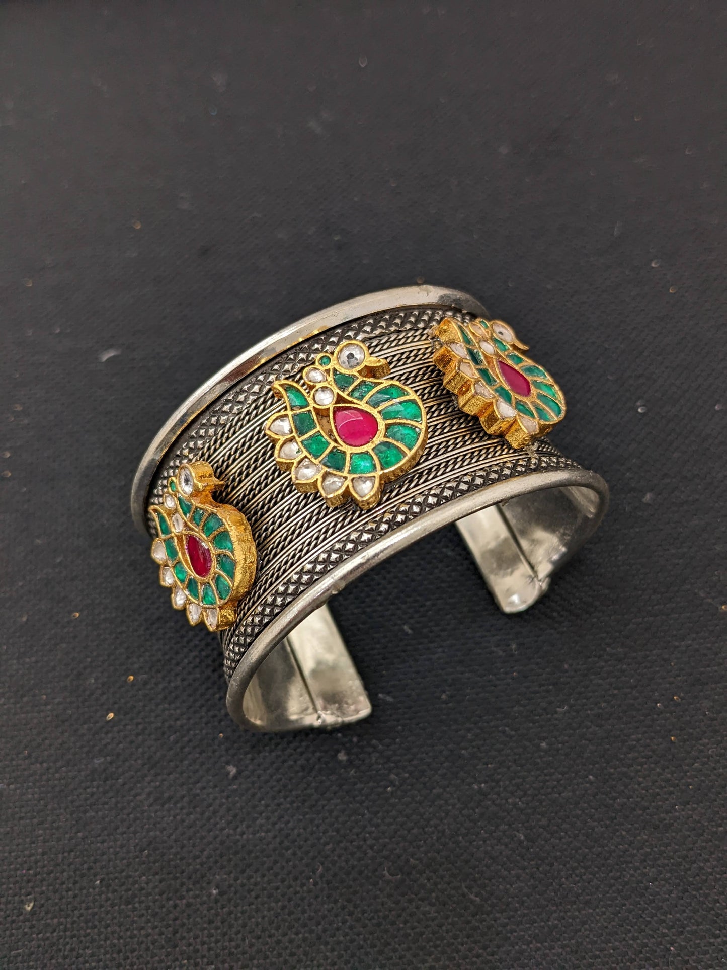 Jadau kundan oxidized silver cuff kada