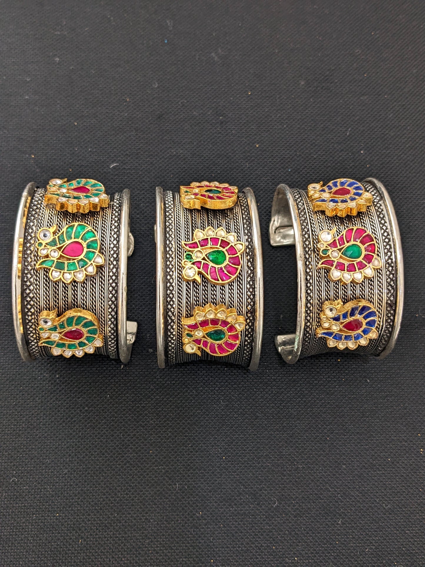 Jadau kundan oxidized silver cuff kada