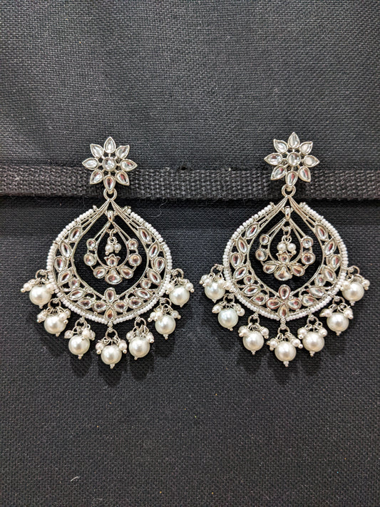 XL size Bright silver plated Kundan stone Chandbali Earrings