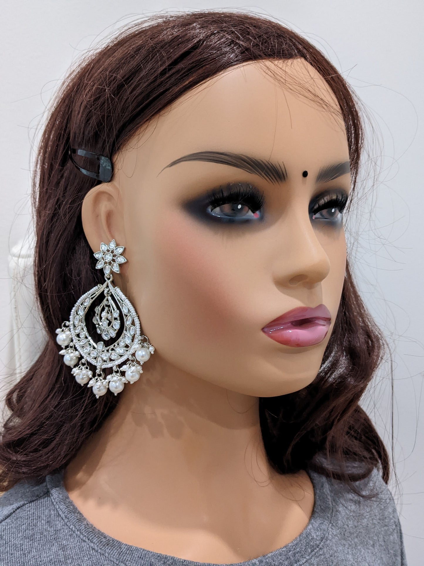 XL size Bright silver plated Kundan stone Chandbali Earrings