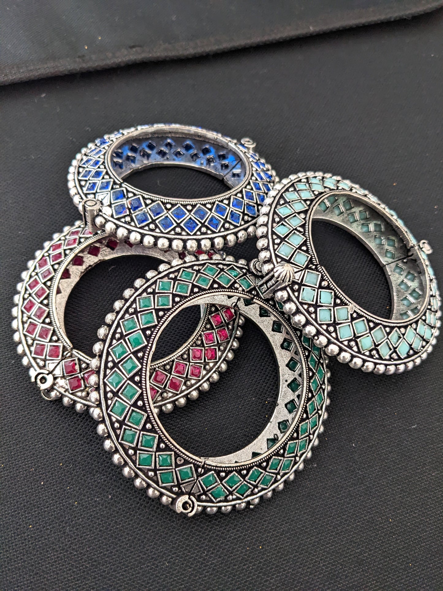 Oxidized Silver Polki stone bangle kada bracelet