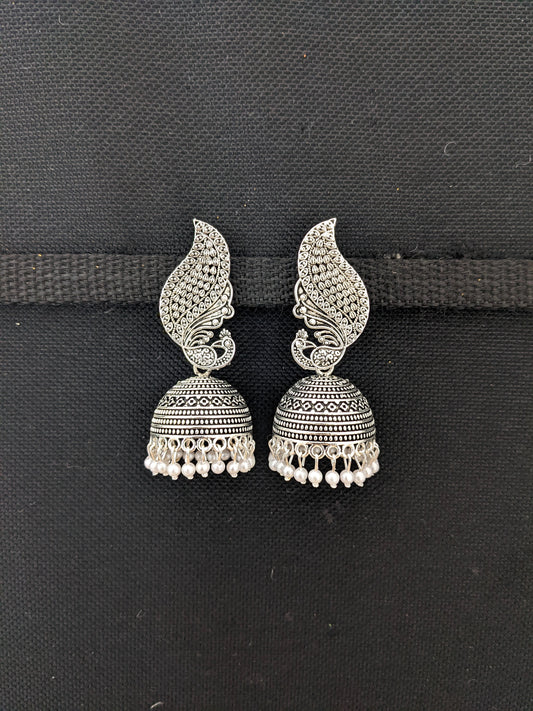 Peacock Oxidized Silver Pearl Jhumka earrings