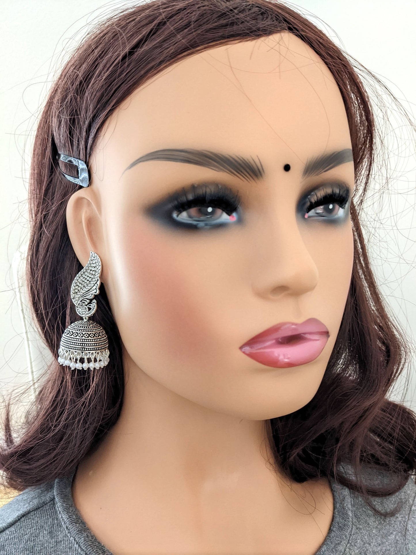 Peacock Oxidized Silver Pearl Jhumka earrings