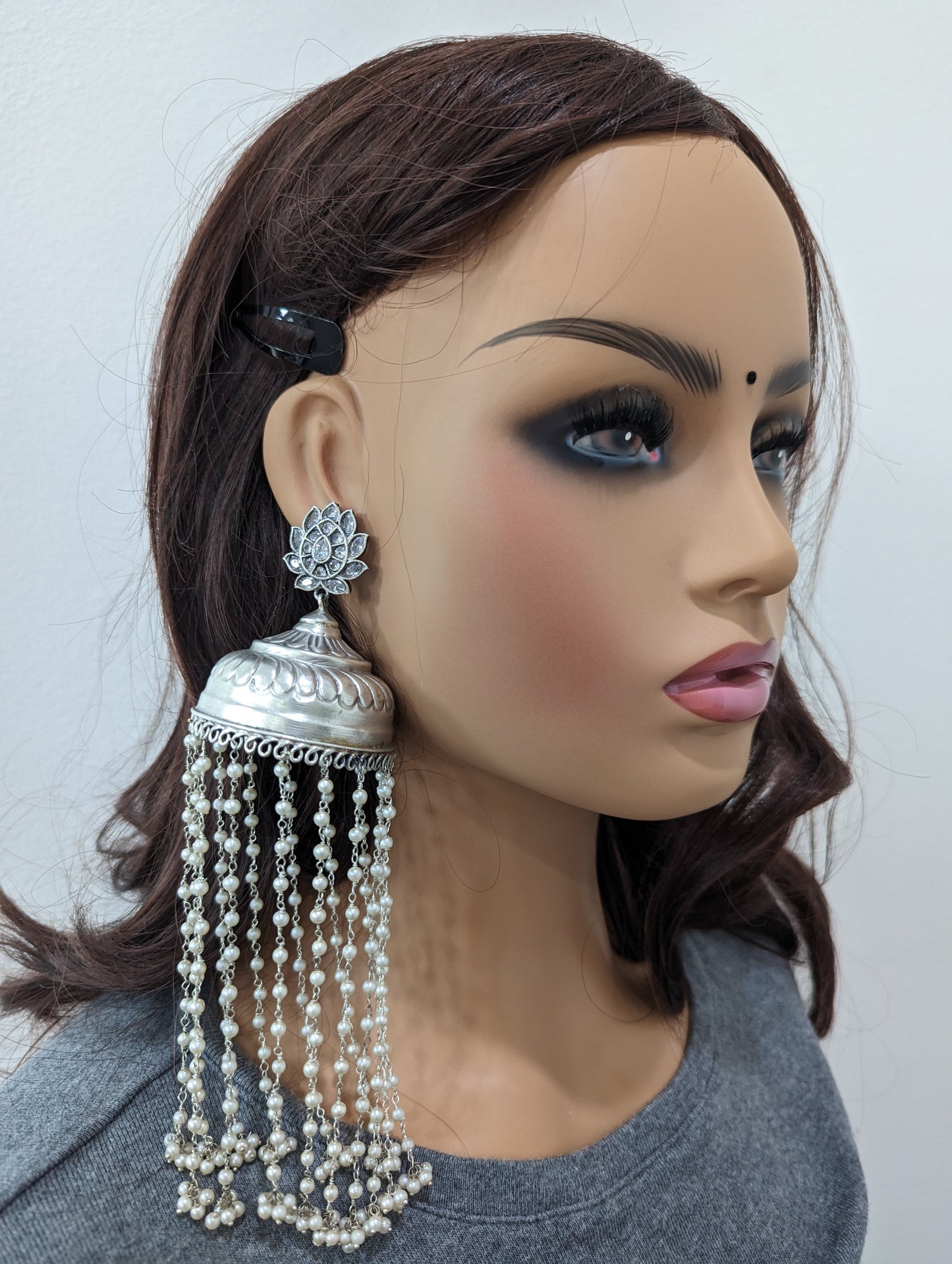 XXL size pearl tassel Long silver jhumka earrings