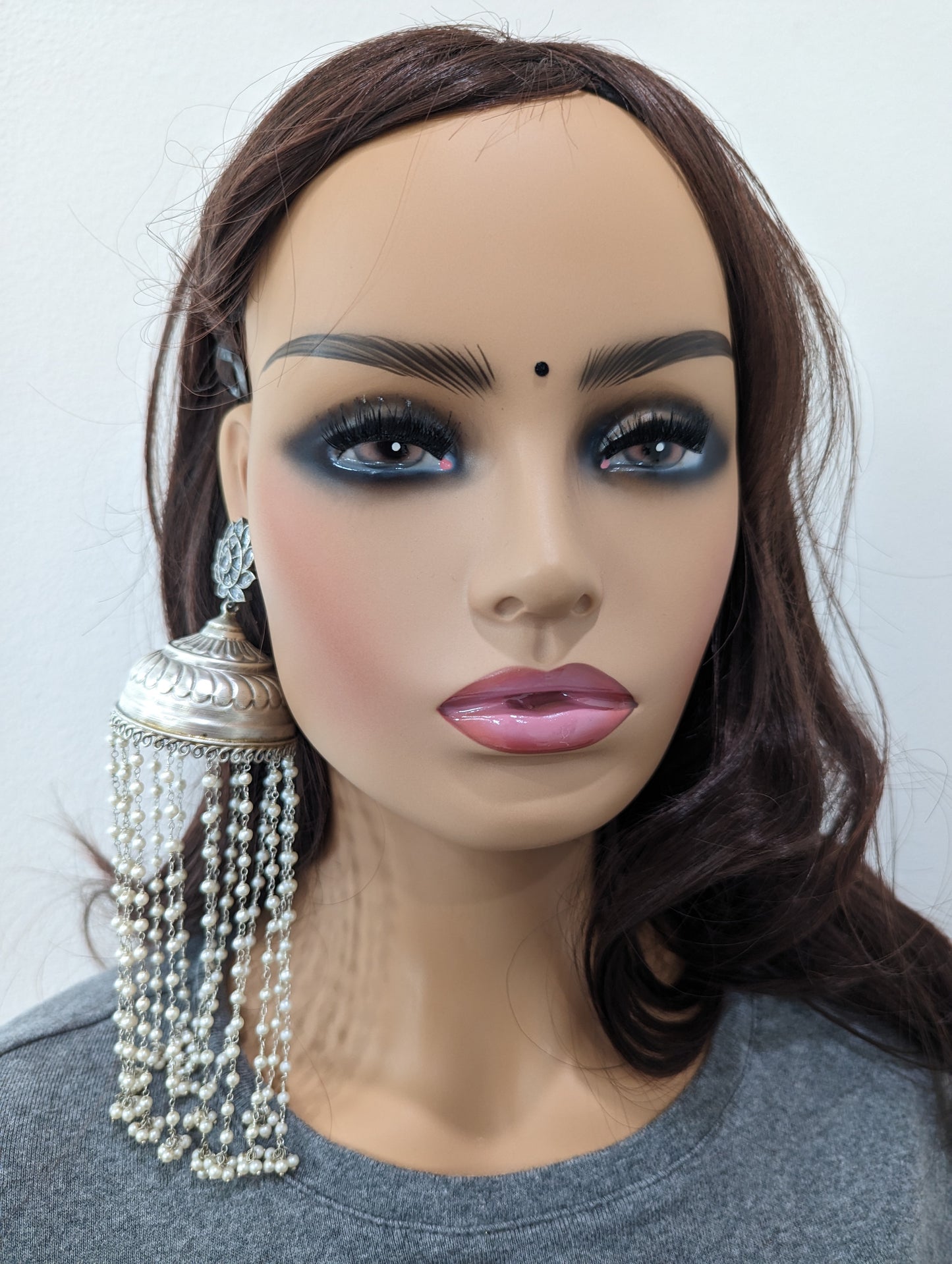 XXL size pearl tassel Long silver jhumka earrings