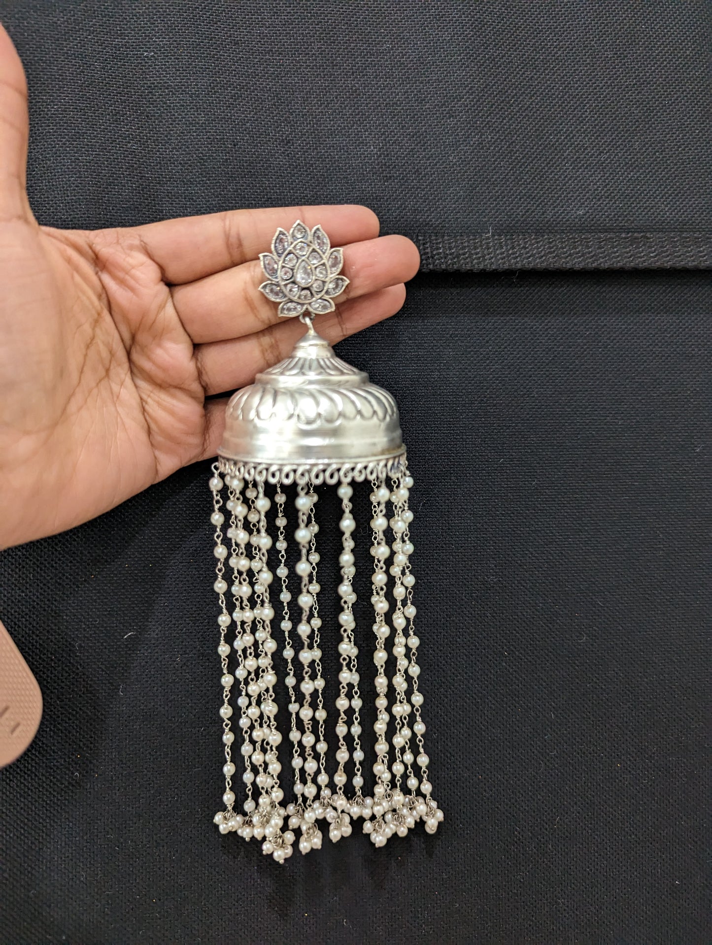 XXL size pearl tassel Long silver jhumka earrings