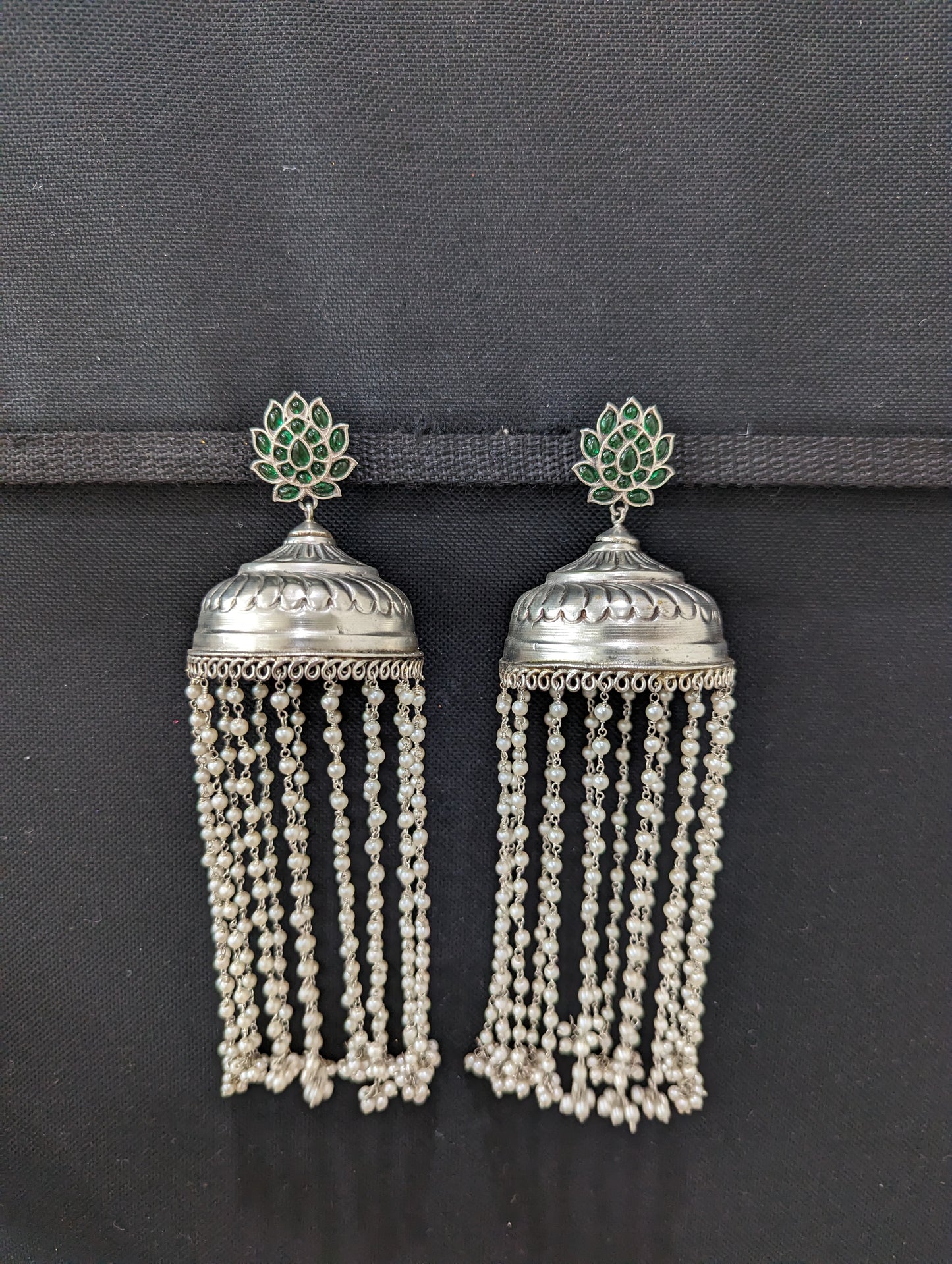 XXL size pearl tassel Long silver jhumka earrings