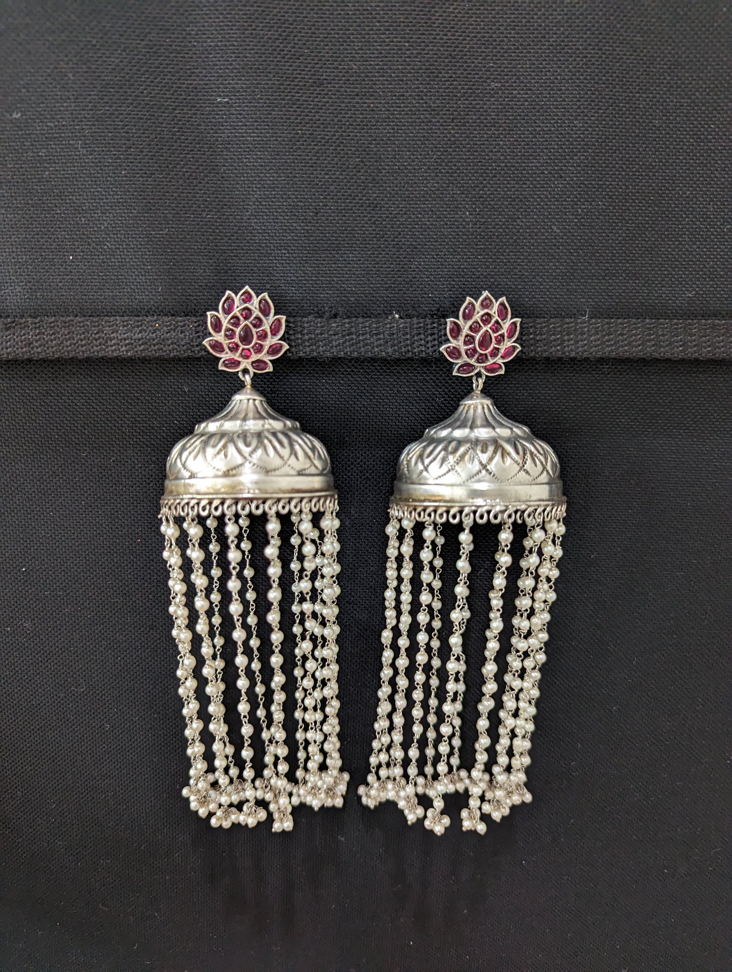 XXL size pearl tassel Long silver jhumka earrings