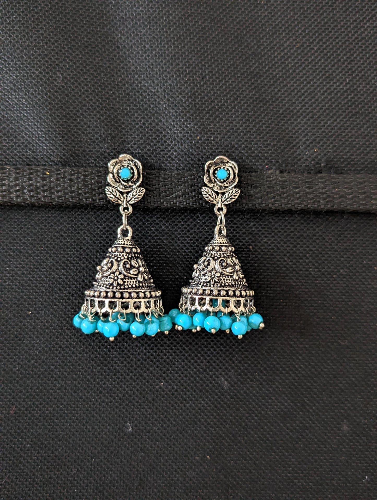 Color bead dangle oxidized silver Jhumka Earrings - 5 designs - Simpliful